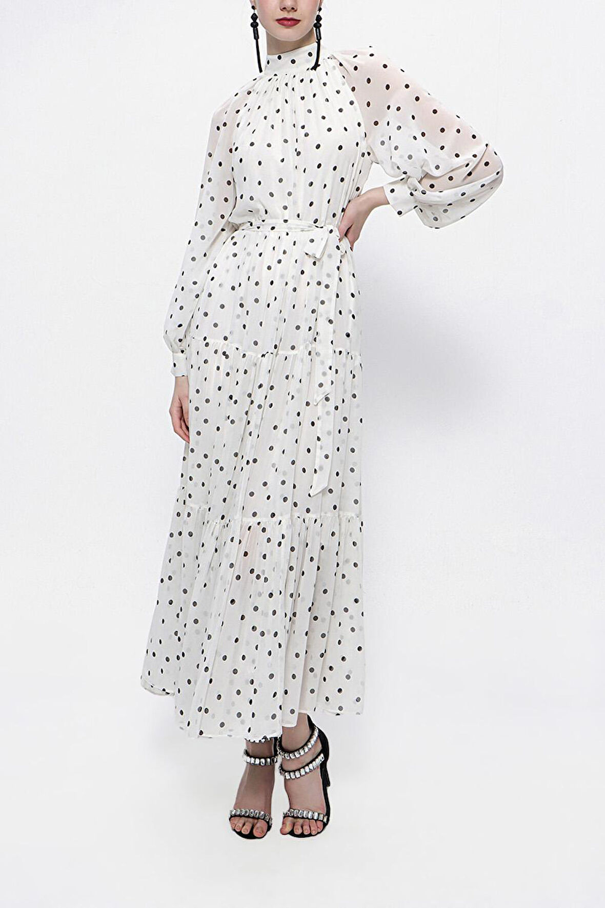 Beyaz Büzgülü bol kesim uzun elbise 94315 | L