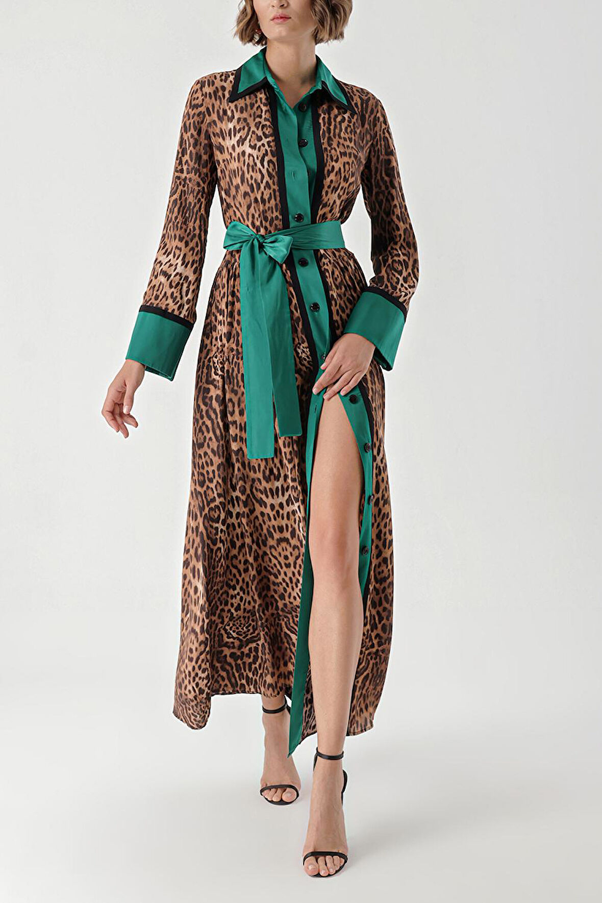 Leopar-Yeşil İki renkli Büzgülü uzun elbise 94318 | M
