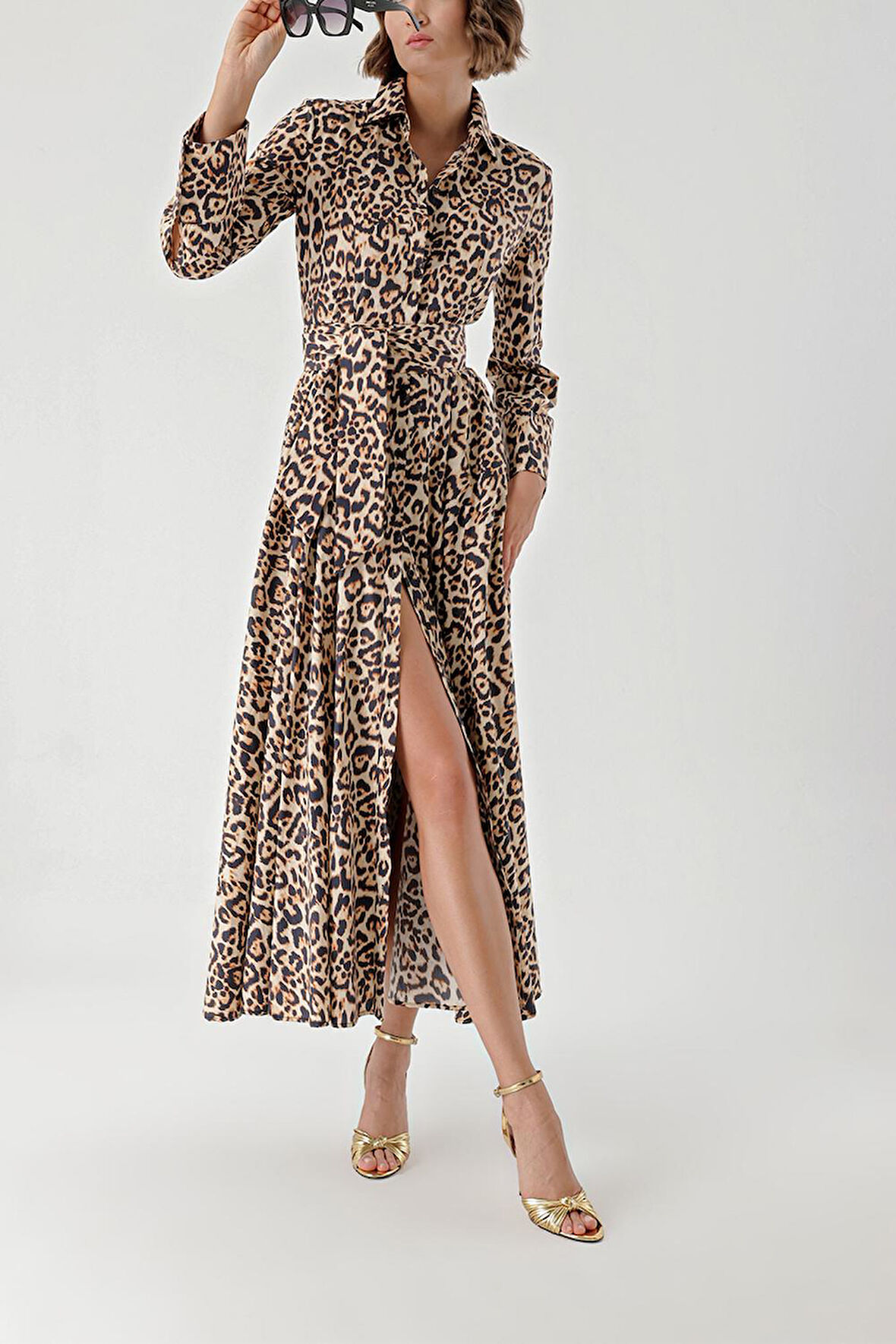 Leopar Büzgülü uzun gömlek  elbise 94319 | S