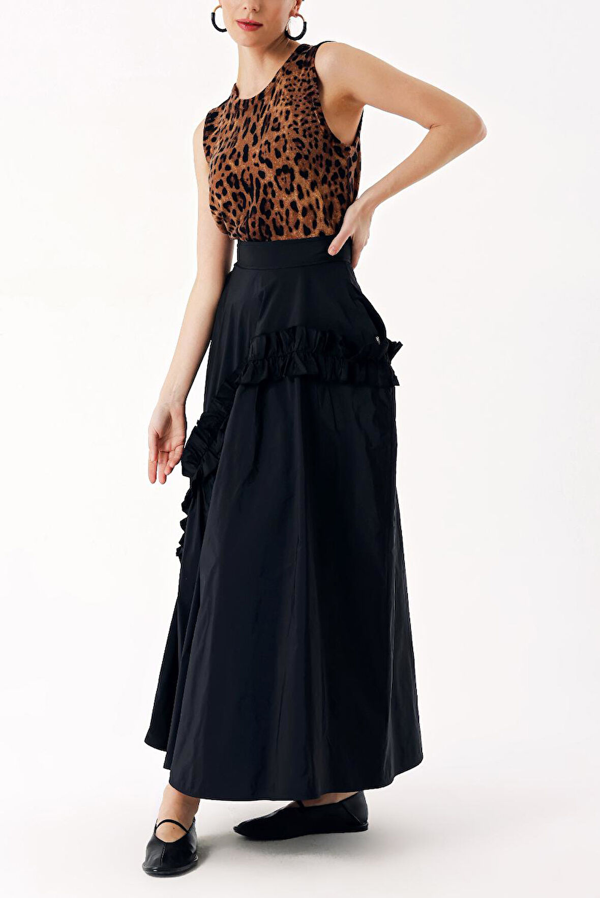 Siyah Büzgü detaylı midi boy valonlu etek 81241 | S