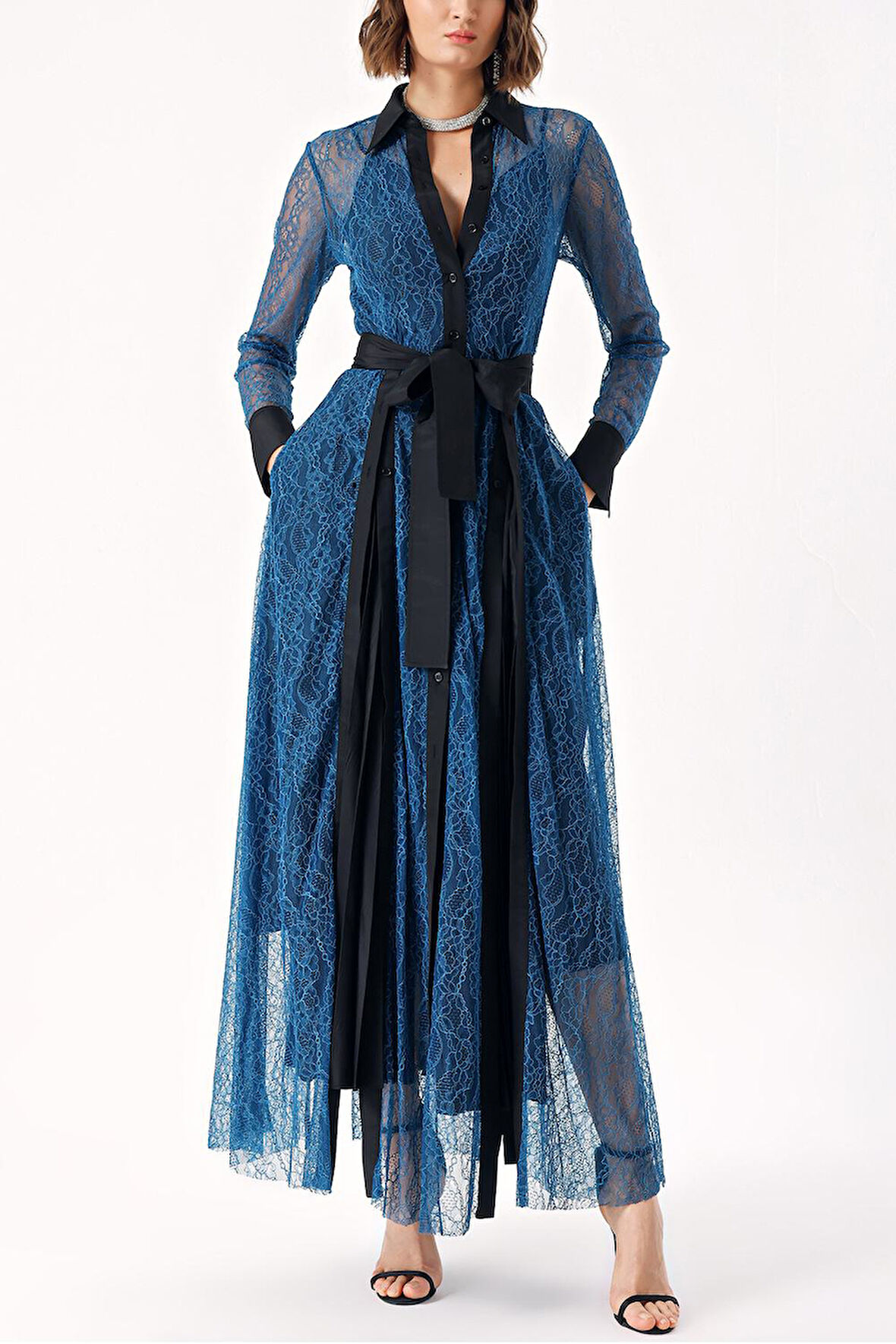 Mavi PLİSELİ DANTELLİ UZUN GÖMLEK ELBİSE 94305 | L