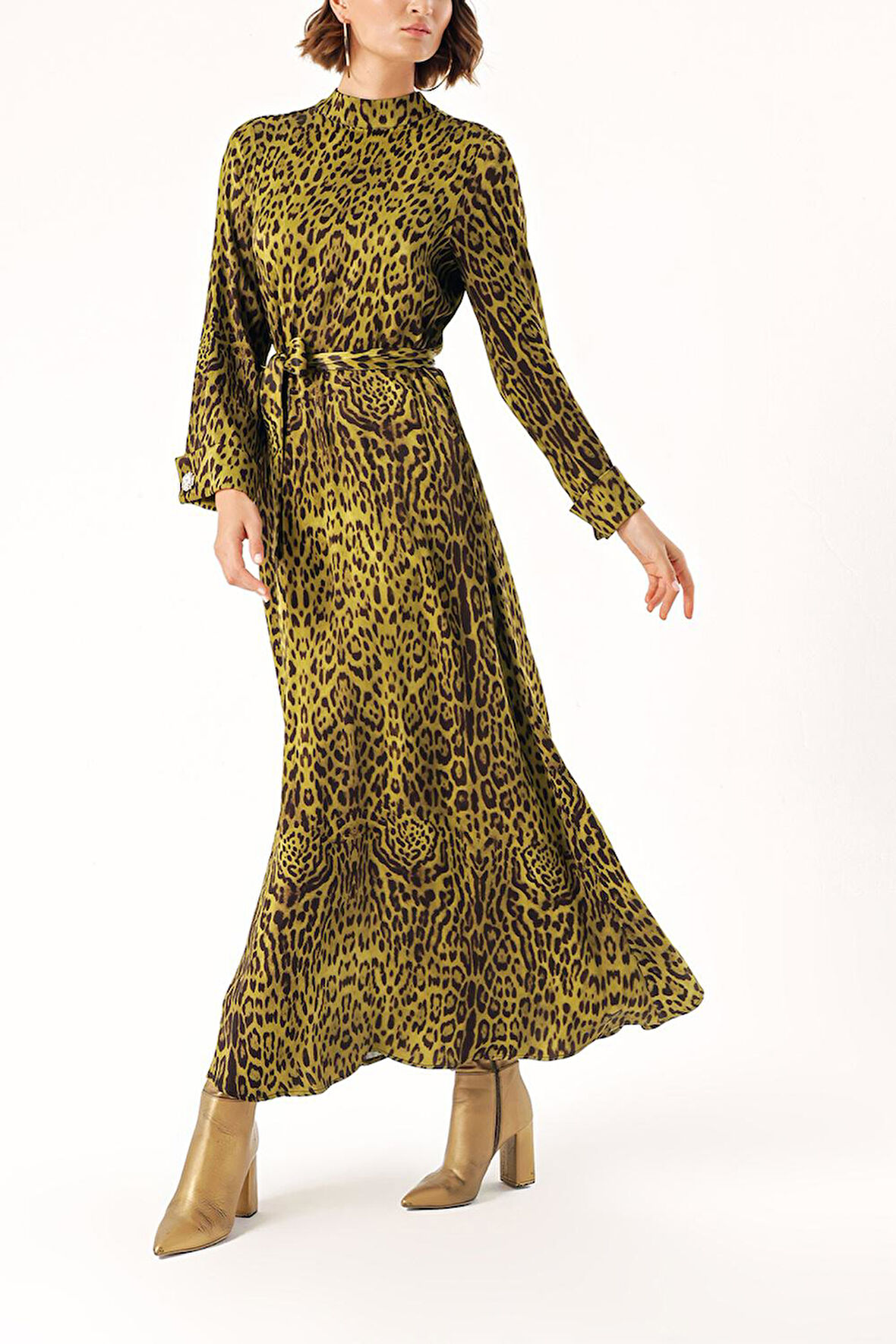 LEOPAR-OLIVE Uzun kemerli viskon elbise 94355 | L
