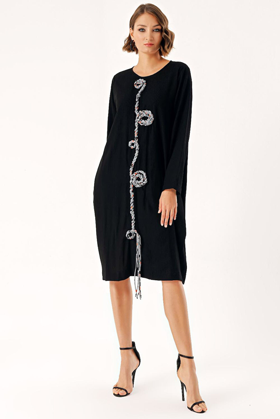 Siyah Nakış detaylı bol kesim elbise 94364 | S