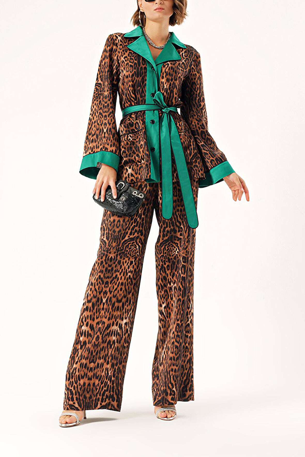 Leopar-Yeşil Beli lastik kemer pantolonlu ikili takım 12314 | S