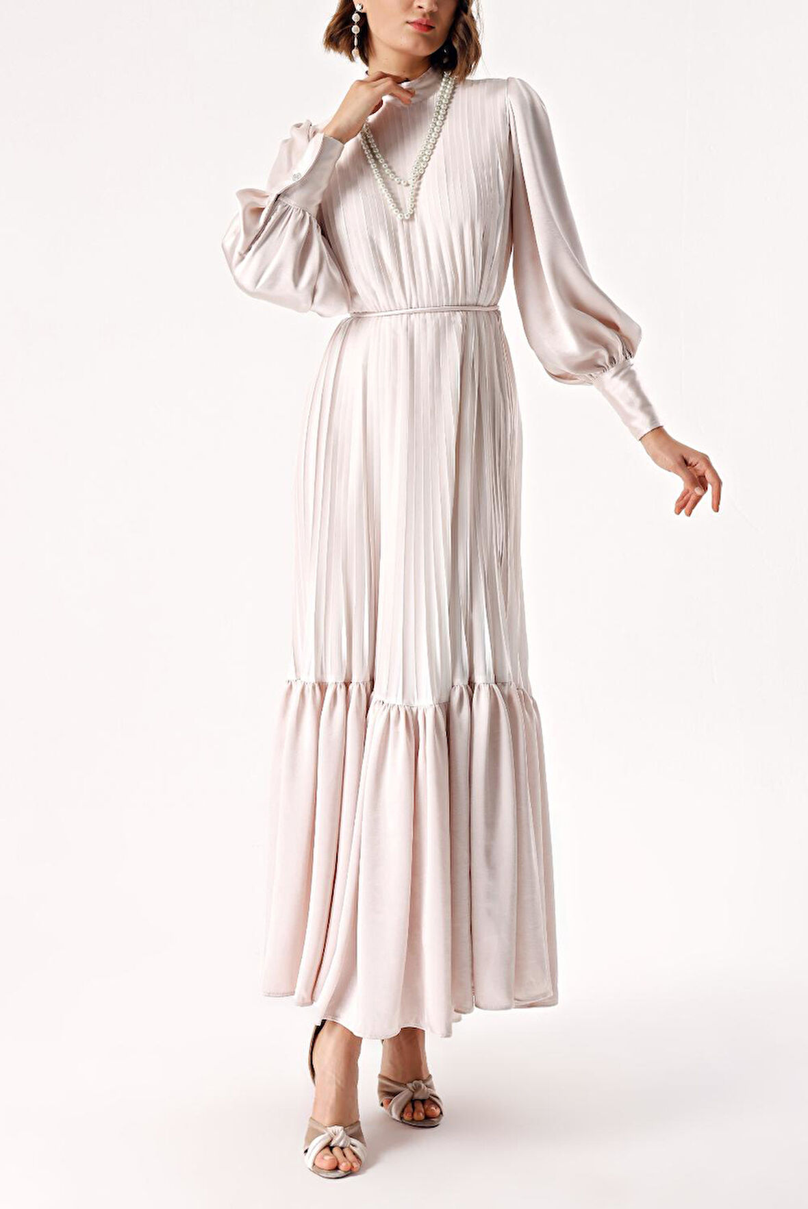 Ekru Piliseli kemerli uzun elbise 94168 | M