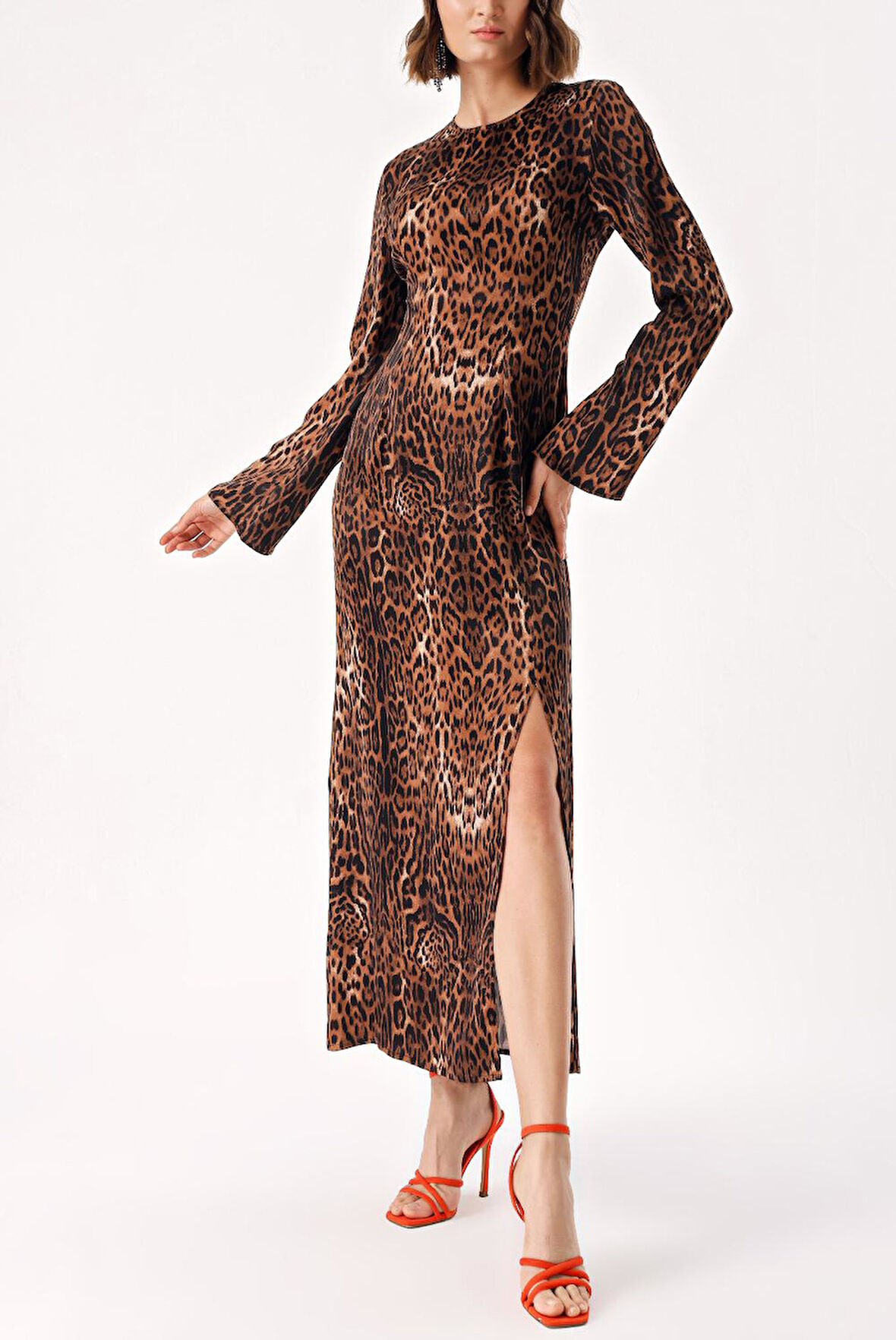 Leopar Uzun vücuda oturan yırtmaç detaylı elbise 94379 | L