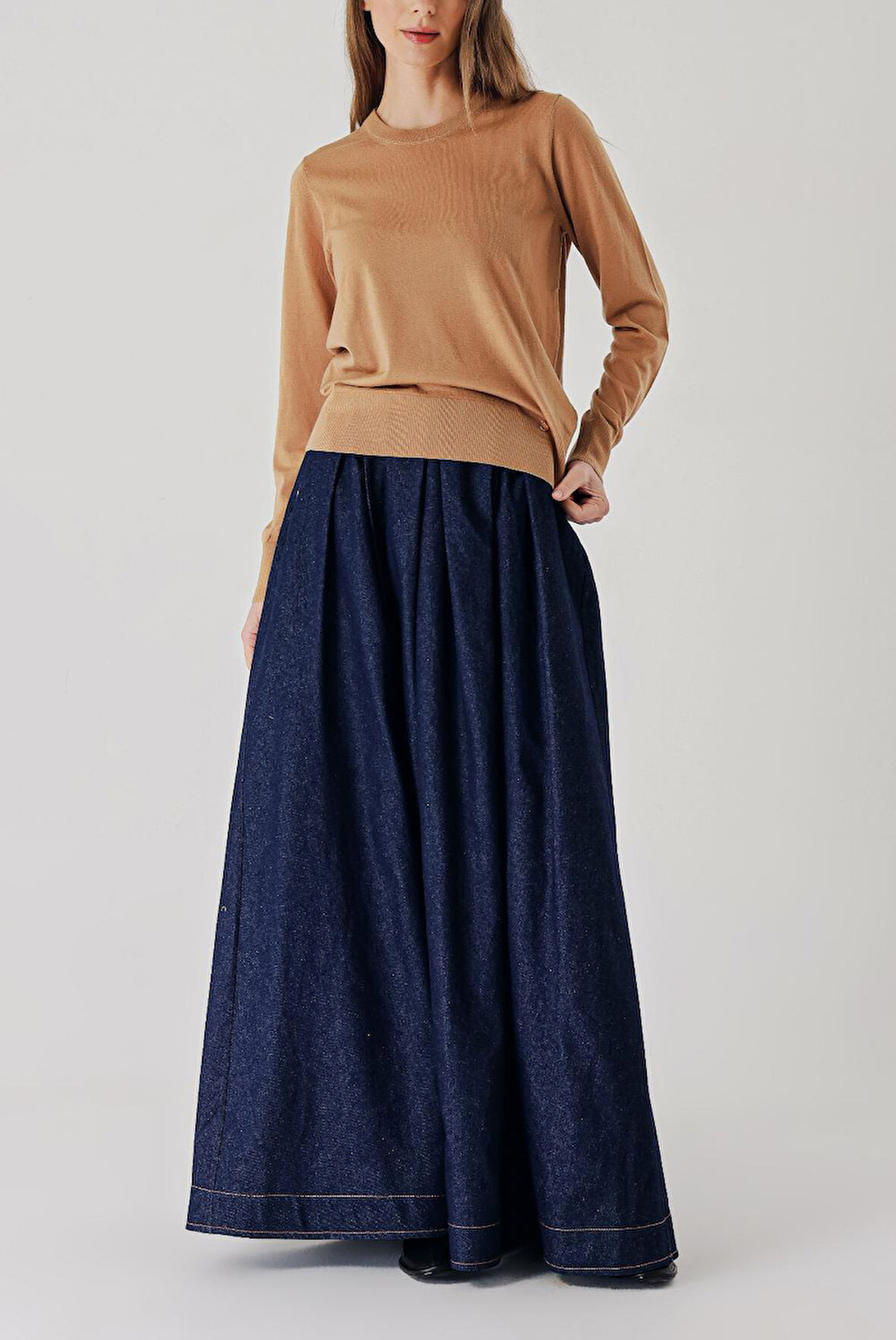 Bej Bisiklet yaka yün triko kazak 28868 | S