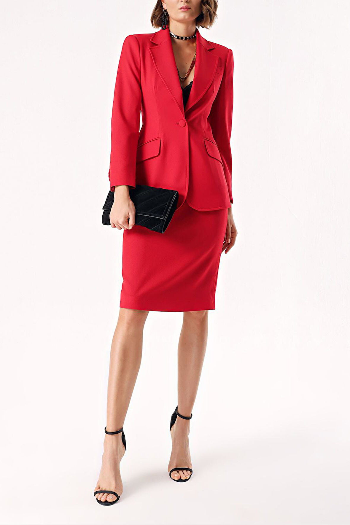 Kırmızı yüksek bel kalem etek 81279 | S