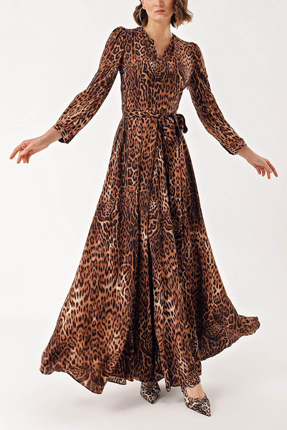Leopar Godeli ve kemerli uzun elbise 94408 | M