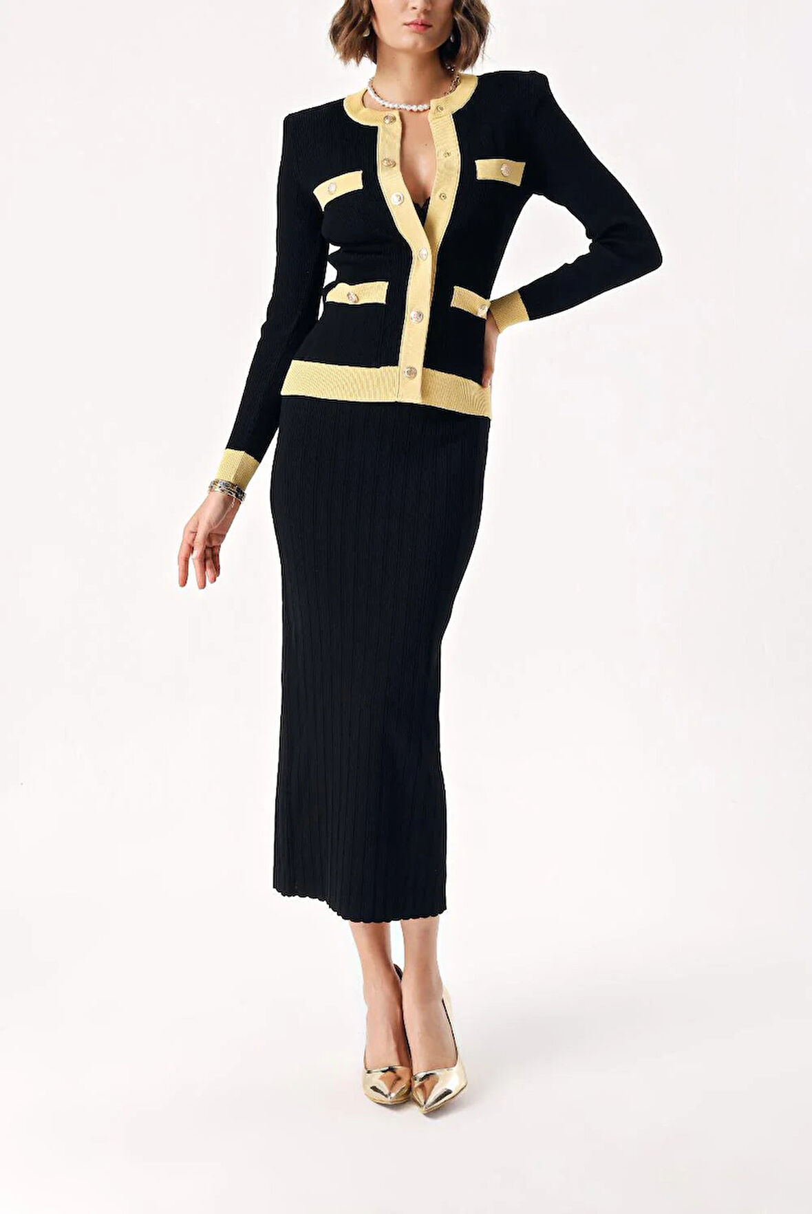 Hardal Düğme detaylı hırka ve etekli takım 28879 | S