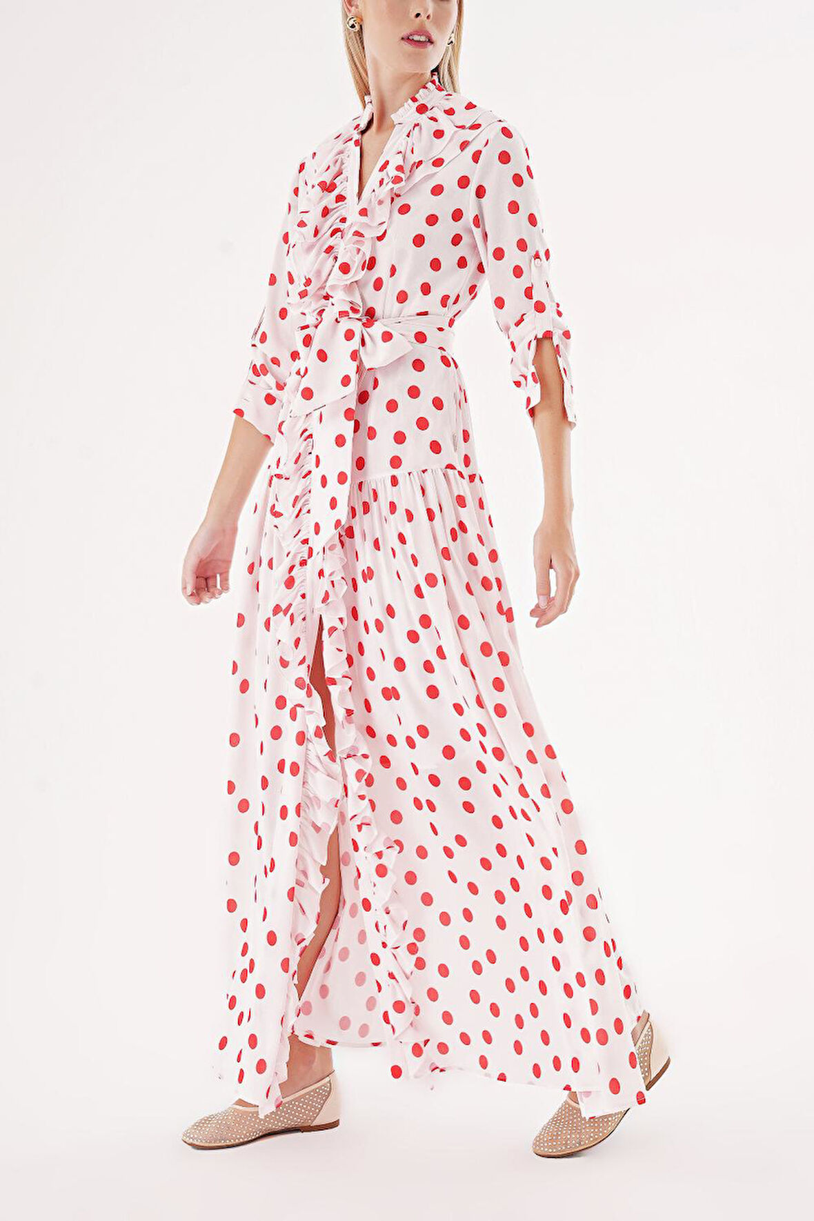 Beyaz Kırmızı Fırfırlı uzun gömlek elbise 94470 | L