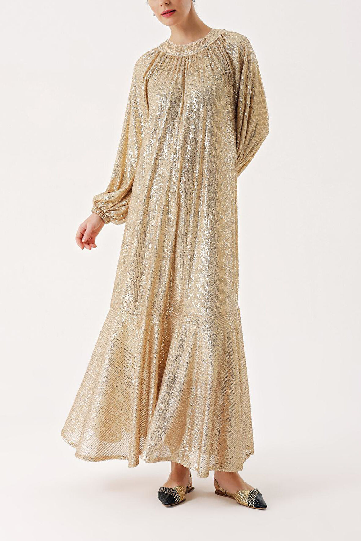 Bej Büzgü detaylı balon kollu payetli elbise 94468 | S