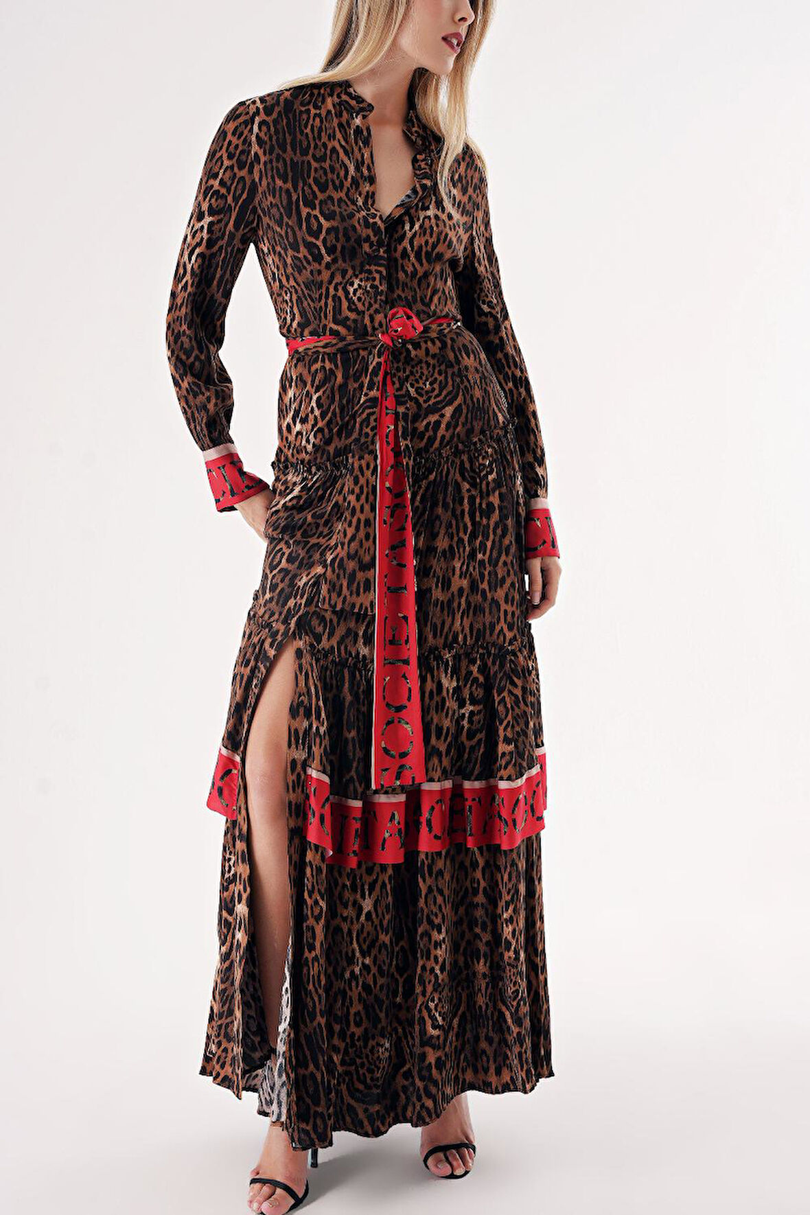 Leopar Kontrast renk kombinli büzgülü uzun gömlek elbise 94422 | L