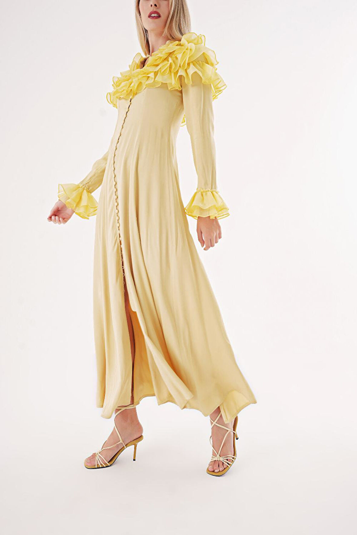 Sarı Hakim yaka fırfır detaylı gömlek elbise 94465 | S