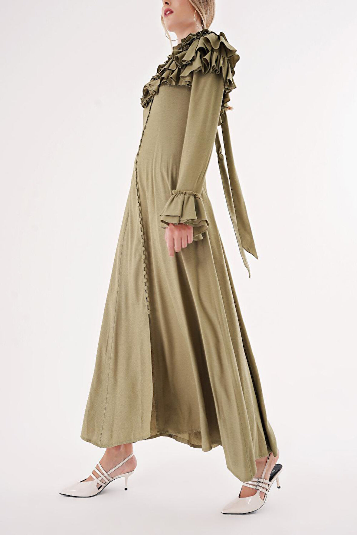 Haki Hakim yaka fırfır detaylı gömlek elbise 94465 | S