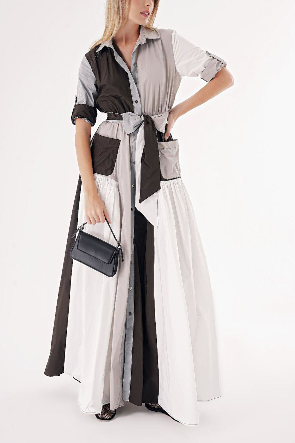 Karışık Renkler Kontrast kumaş kombinli büzgülü gömlek elbise 94494 | M