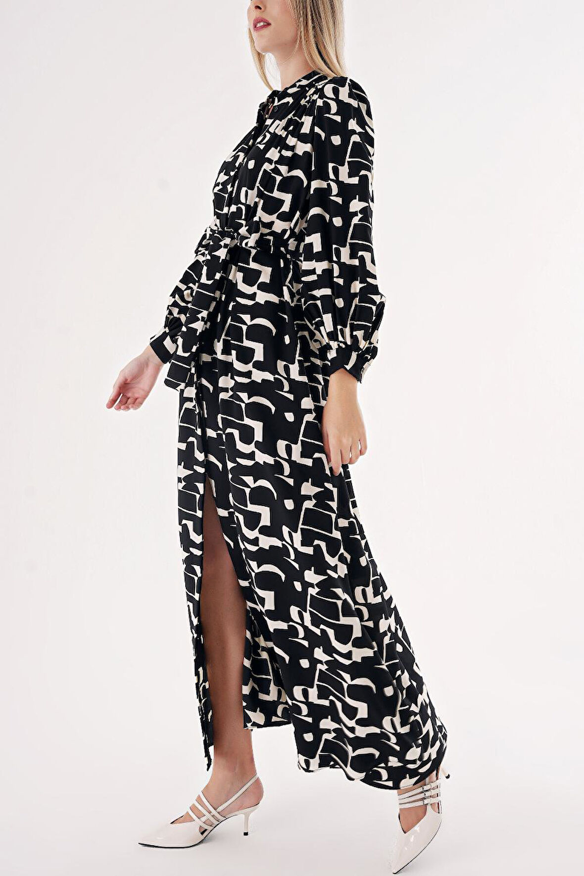 Siyah Bej Desenli bol kesim gömlek elbise 94527 | S