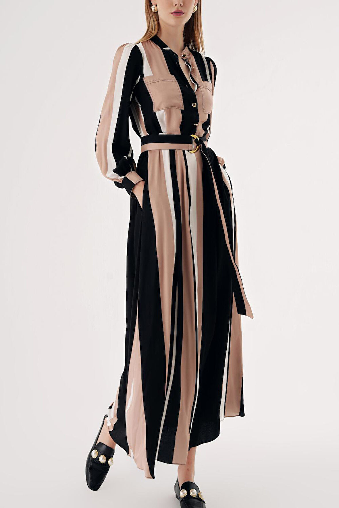 Çizgili Cepli yarım pat kemerli elbise 94426 | S