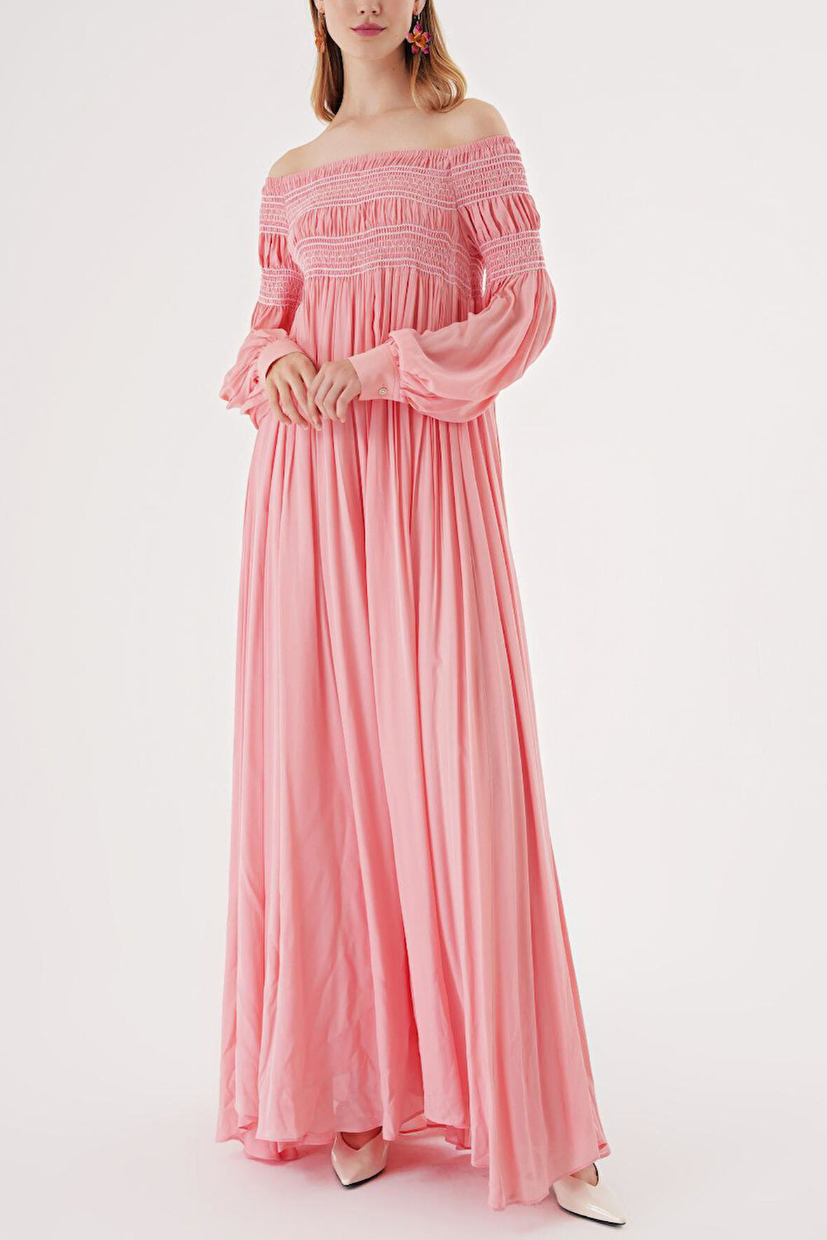 Pembe Düşük omuz gipeli bol elbise 94189 | L