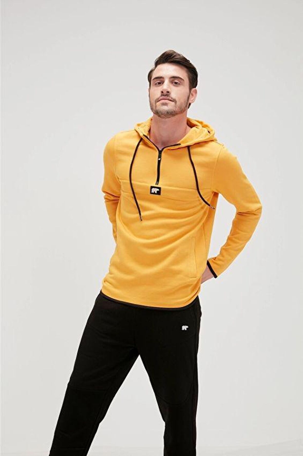 Bad Bear Kapüşonlu Uzun Kollu Cepli Normal Kalıp Düz Hardal Erkek Sweatshirt