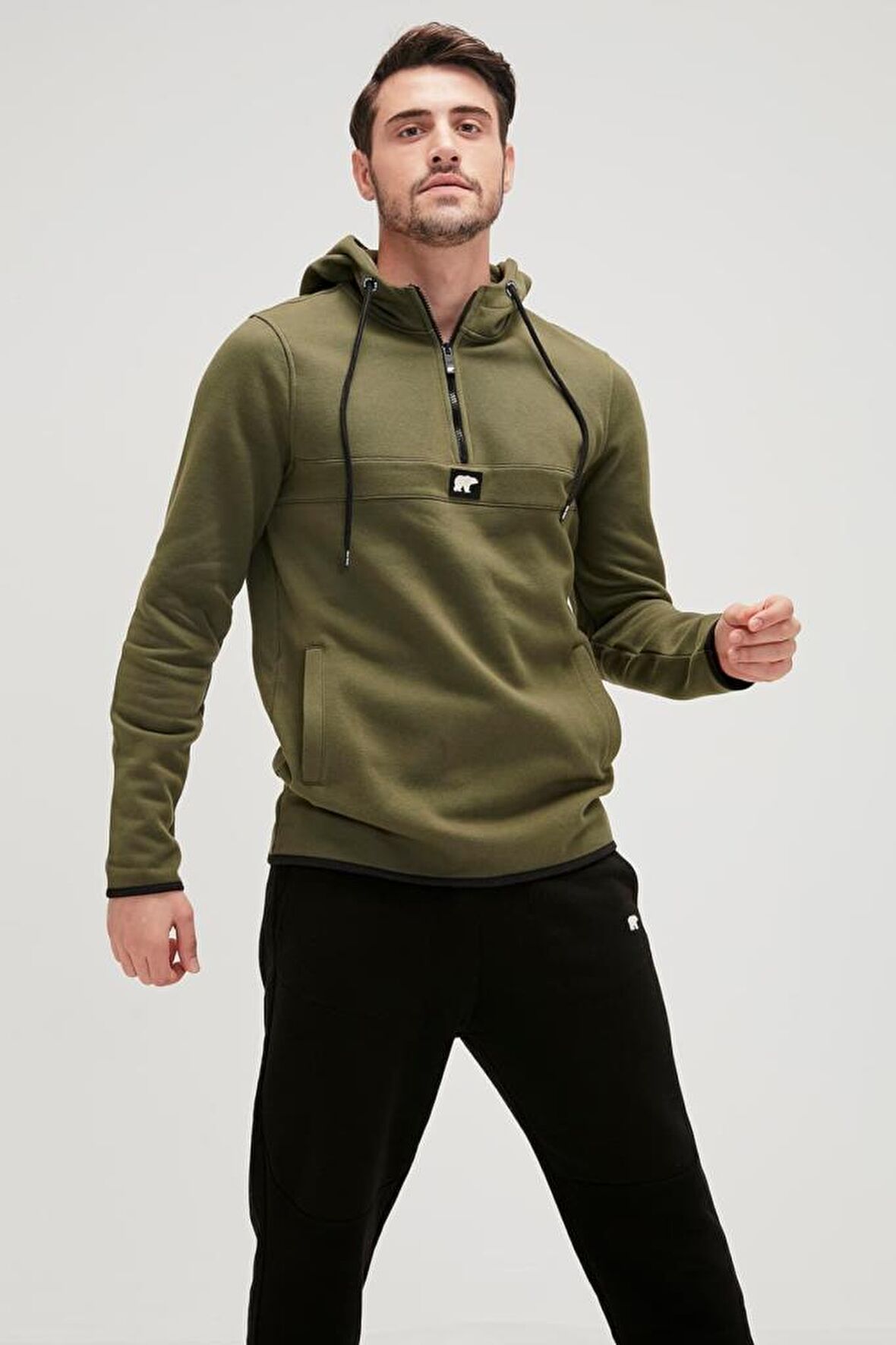 Bad Bear Kapüşonlu Uzun Kollu Cepli Normal Kalıp Düz Haki Erkek Sweatshirt