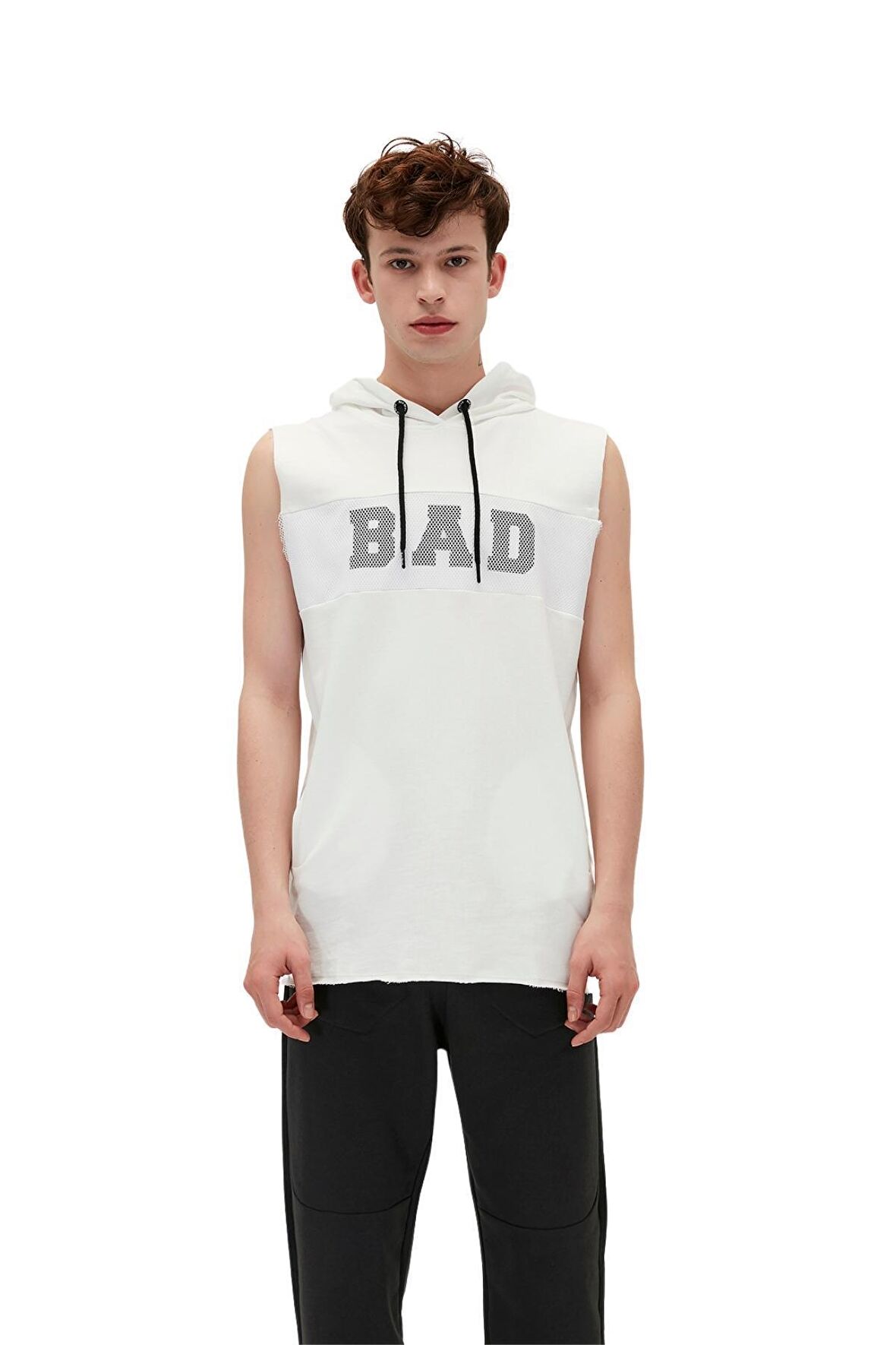 Bad Net Hoodie Off-White Beyaz Baskılı Kolsuz Kapüşonlu Erkek Sweatshirt