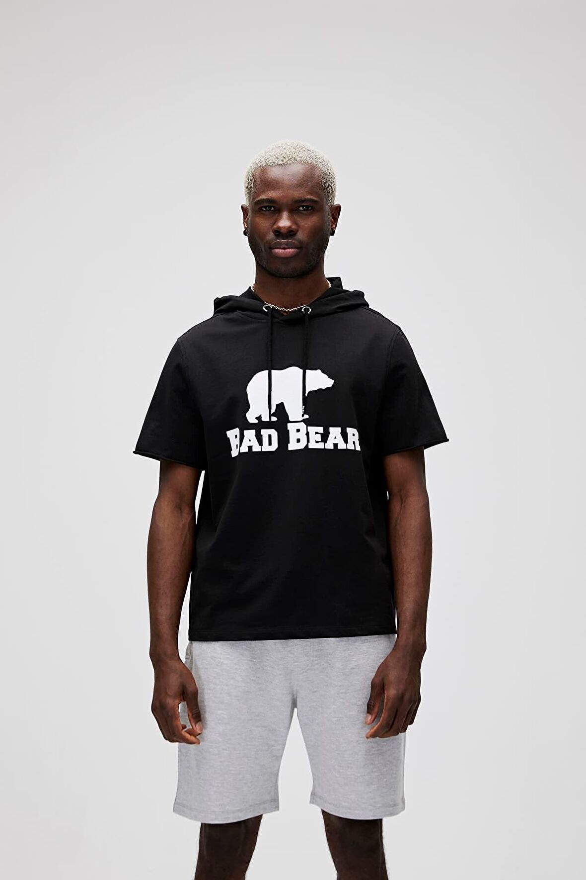 Bad Net Hoodie Siyah Baskılı Kısa Kollu Kapüşonlu Erkek Sweatshirt