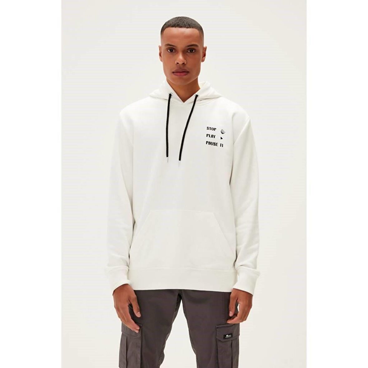 Pause Hoodie Off-White Beyaz Baskılı Kapüşonlu Erkek Sweatshirt