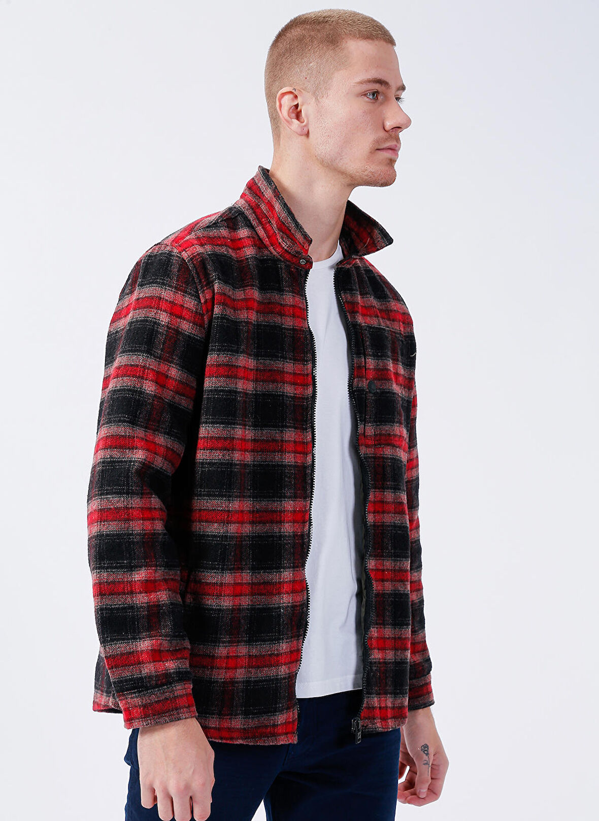 Micah Siyah/Kırmızı Kareli Fermuarlı Erkek Gömlek Ceket