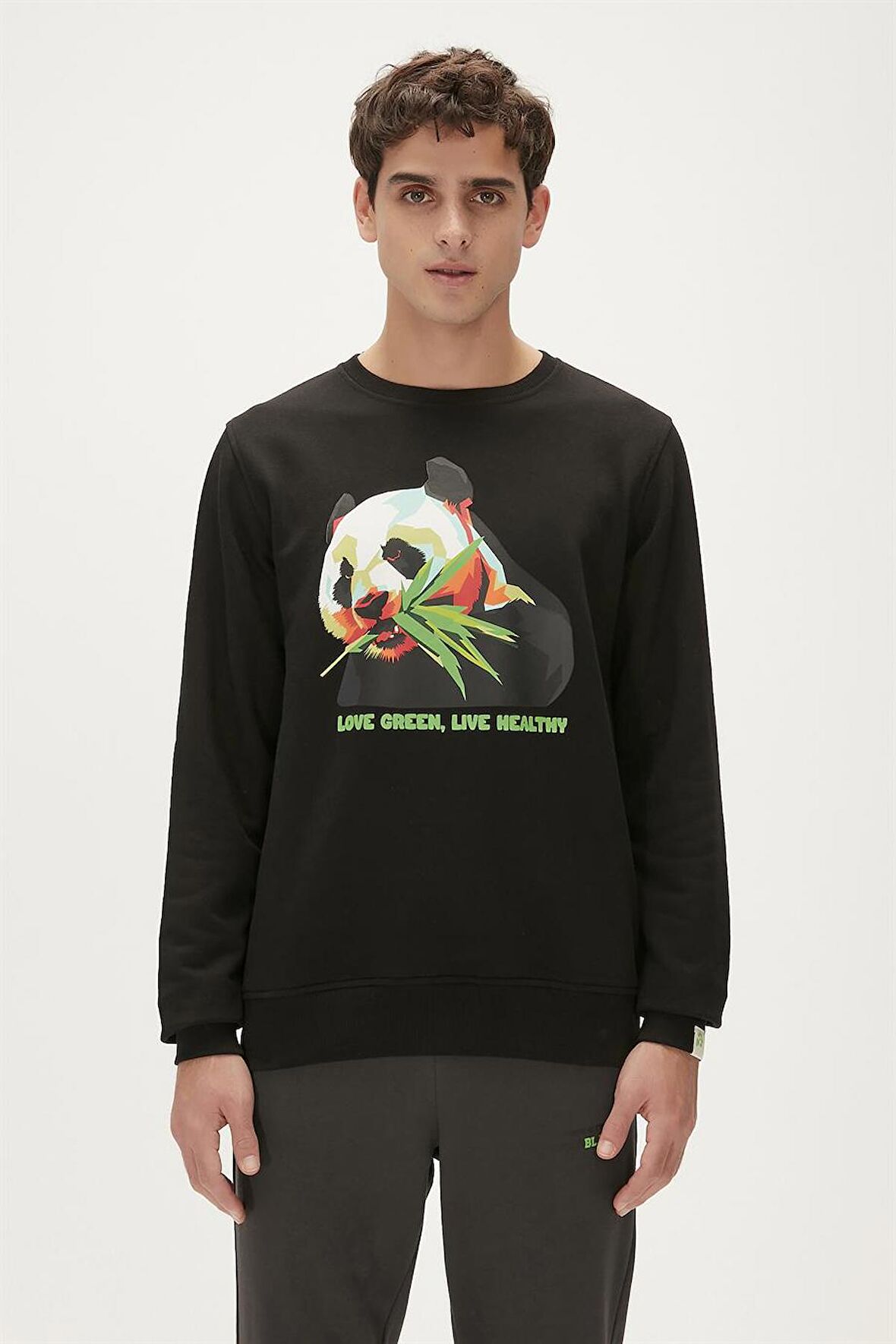Re-Bamboo Crewneck Siyah Baskılı Erkek Sweatshirt