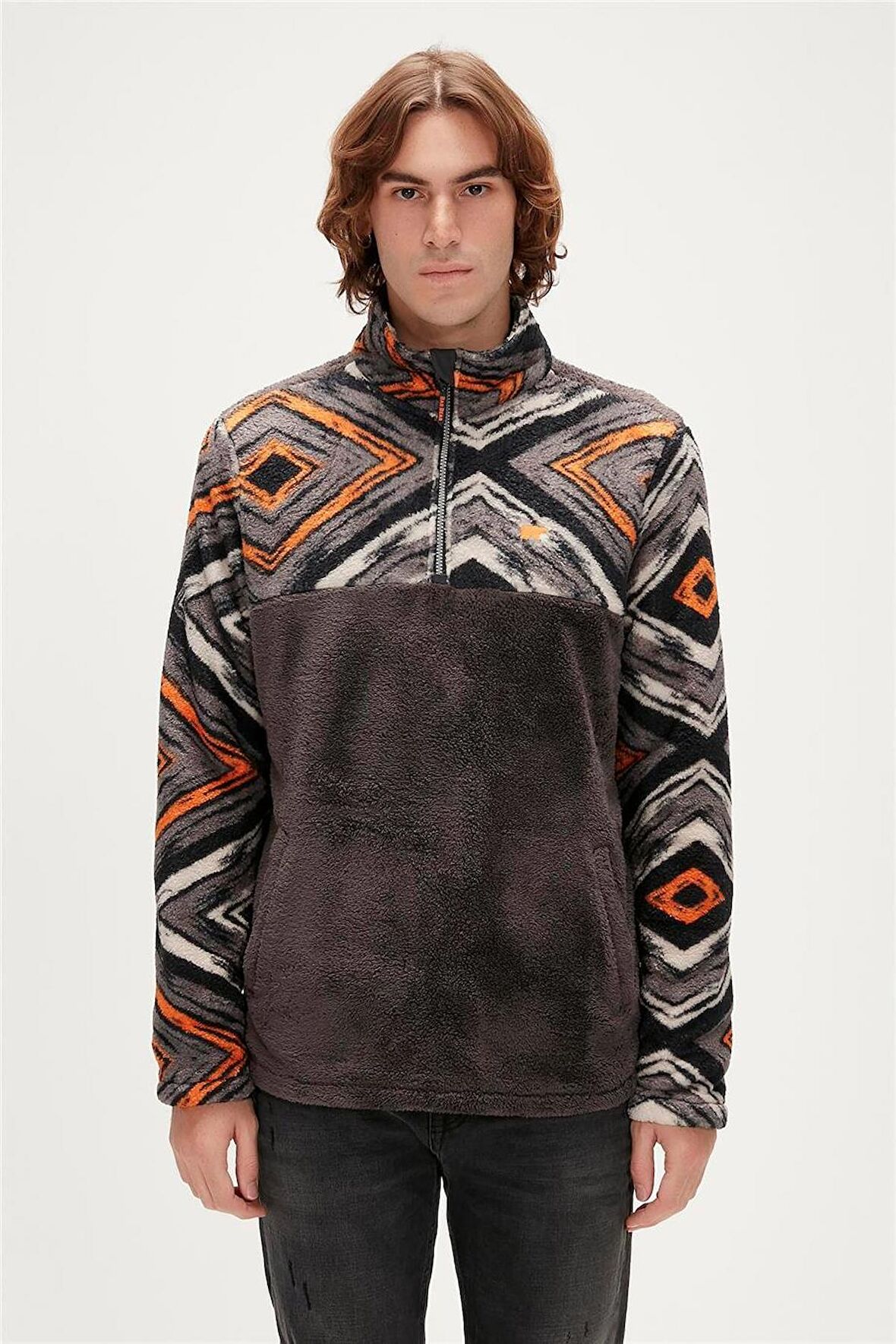 Afro Plush Half-Zip Antrasit Erkek Peluş Sweatshirt