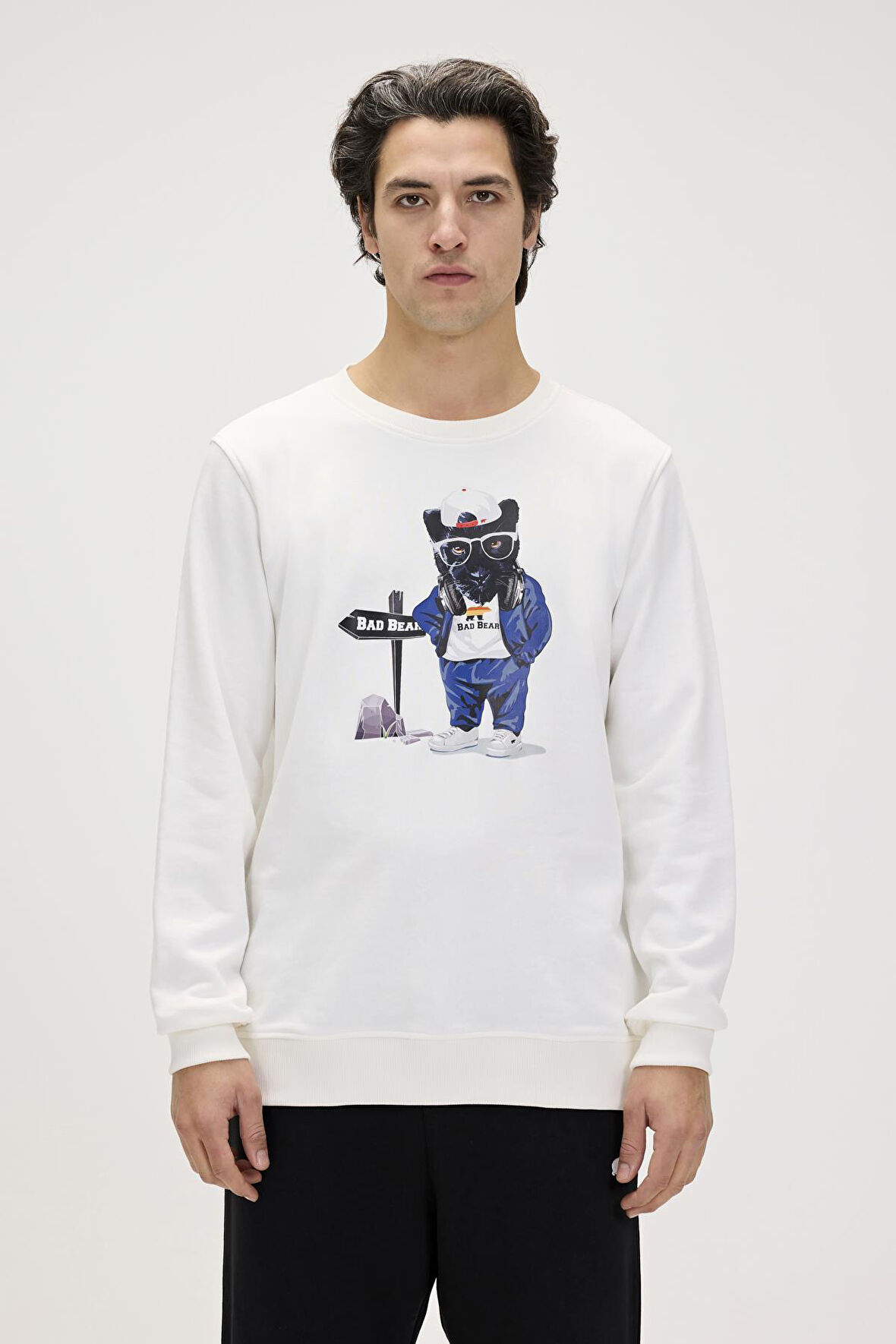 Bad Bear Panther Crewneck Off White Erkek Beyaz Bisiklet Yaka Sweatshirt