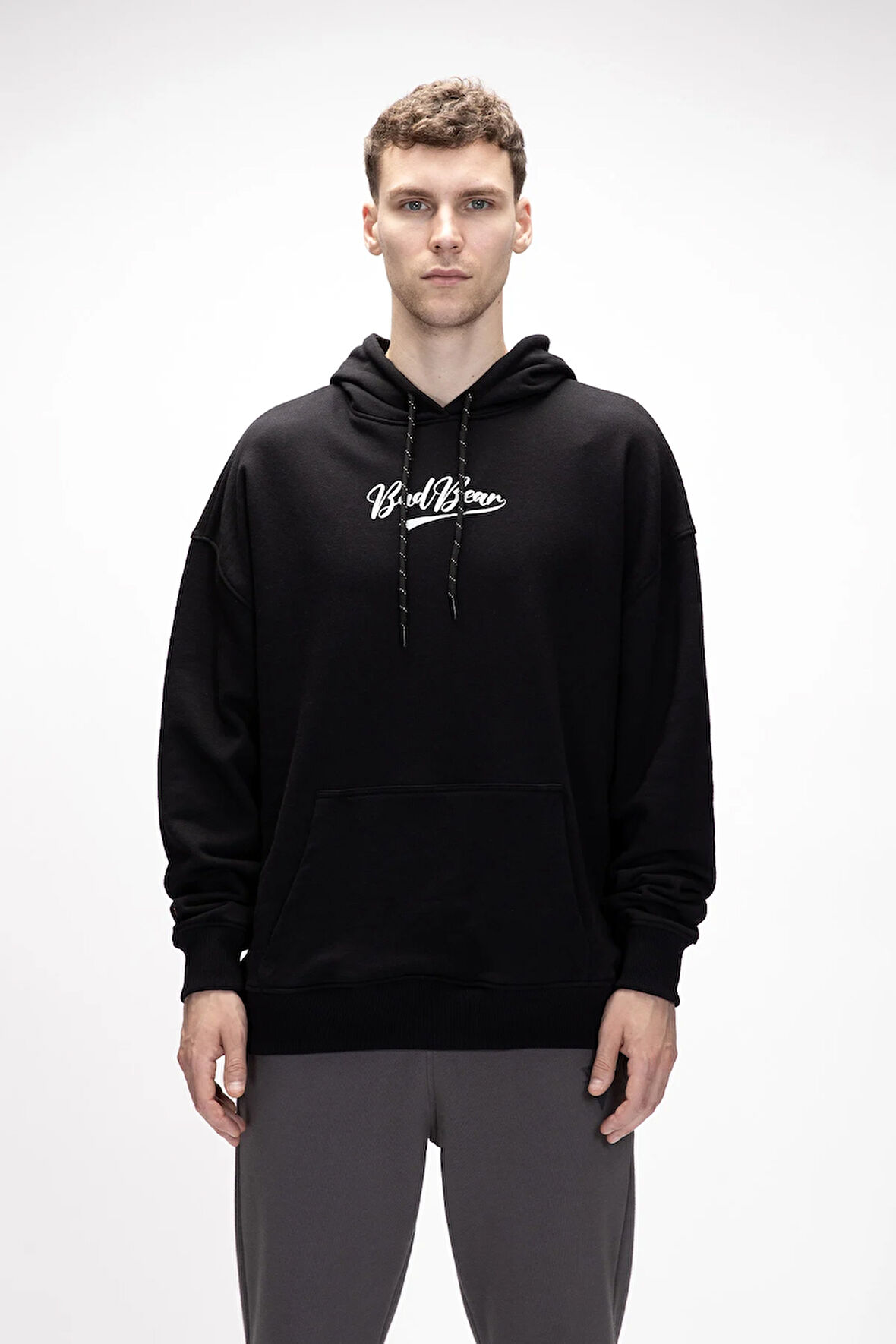 York Si̇yah Kapüşonlu Oversize Erkek Baskılı Sweatshirt