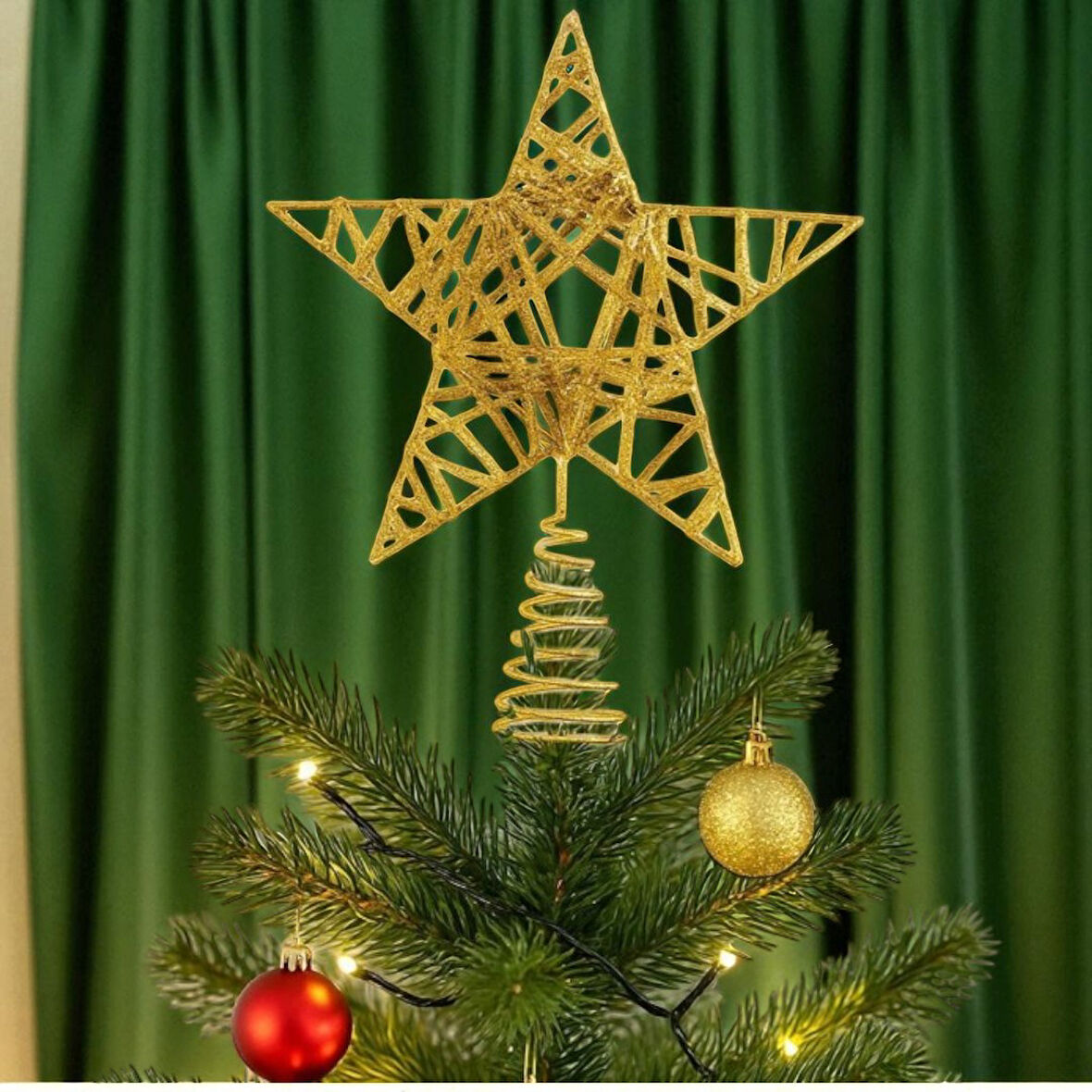 YILBAŞI AĞAÇ TEPELİĞİ ÇAM AĞACI TEL SİMLİ TEPE YILDIZI GOLD 26CM AST6890