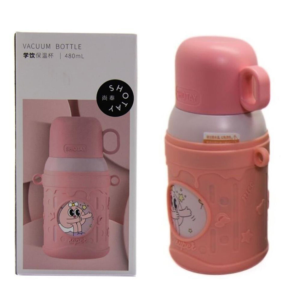Shotay Cartoon Çelik Termos Matara Çocuk 480Ml Pembe