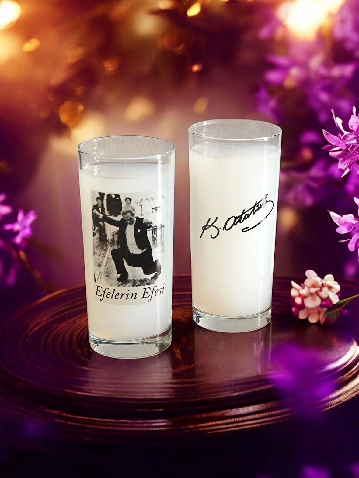 Rakı Bardağı 2'li Cam - Atatürk Efelerin Efesi Zeybek Oynarken - İmzalı