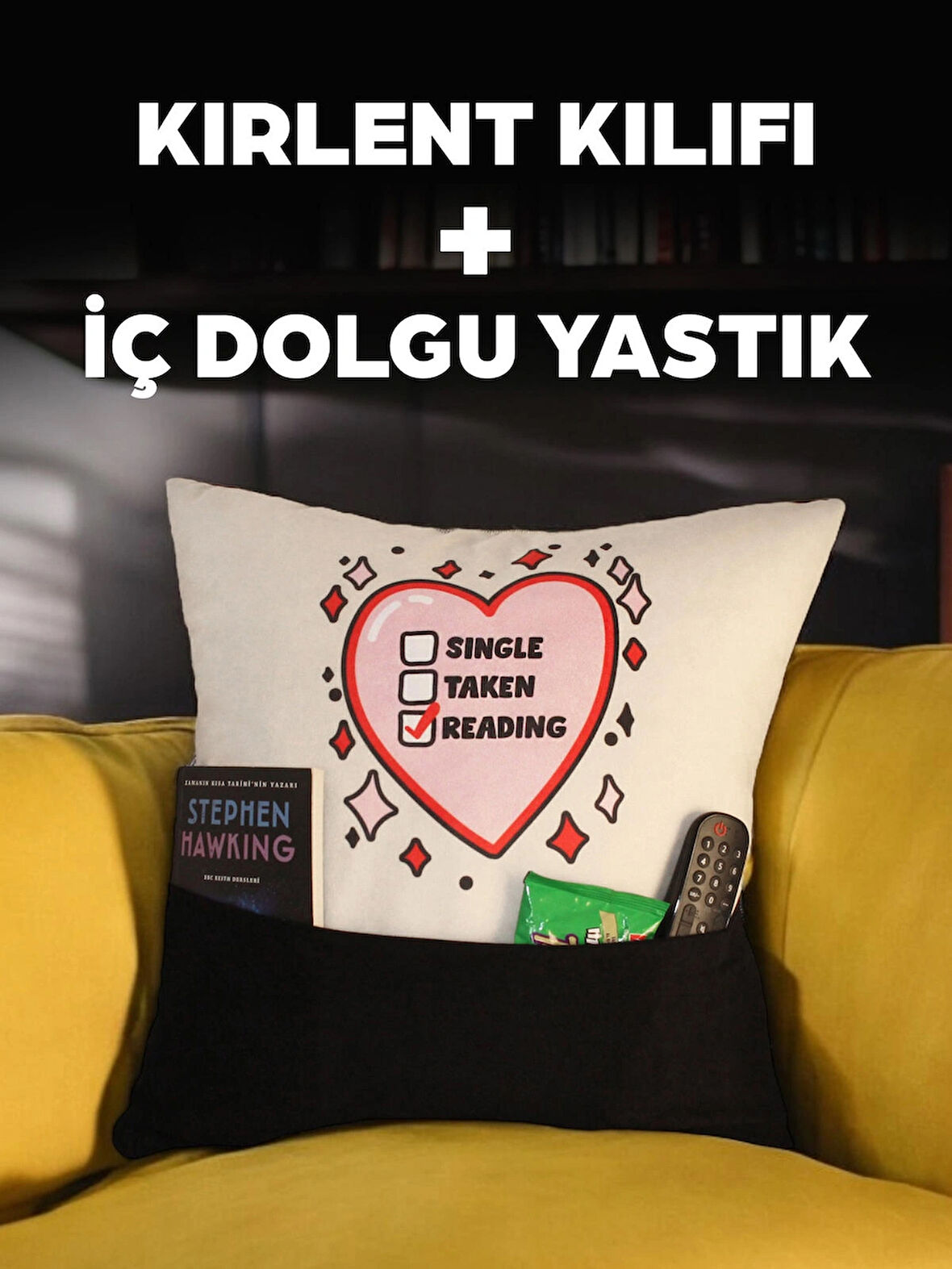 KIRLENT KILIFI+İÇ DOLGU YASTIK Cepli ve Baskılı 45x45 cm Reading/Kitap Sevgisi