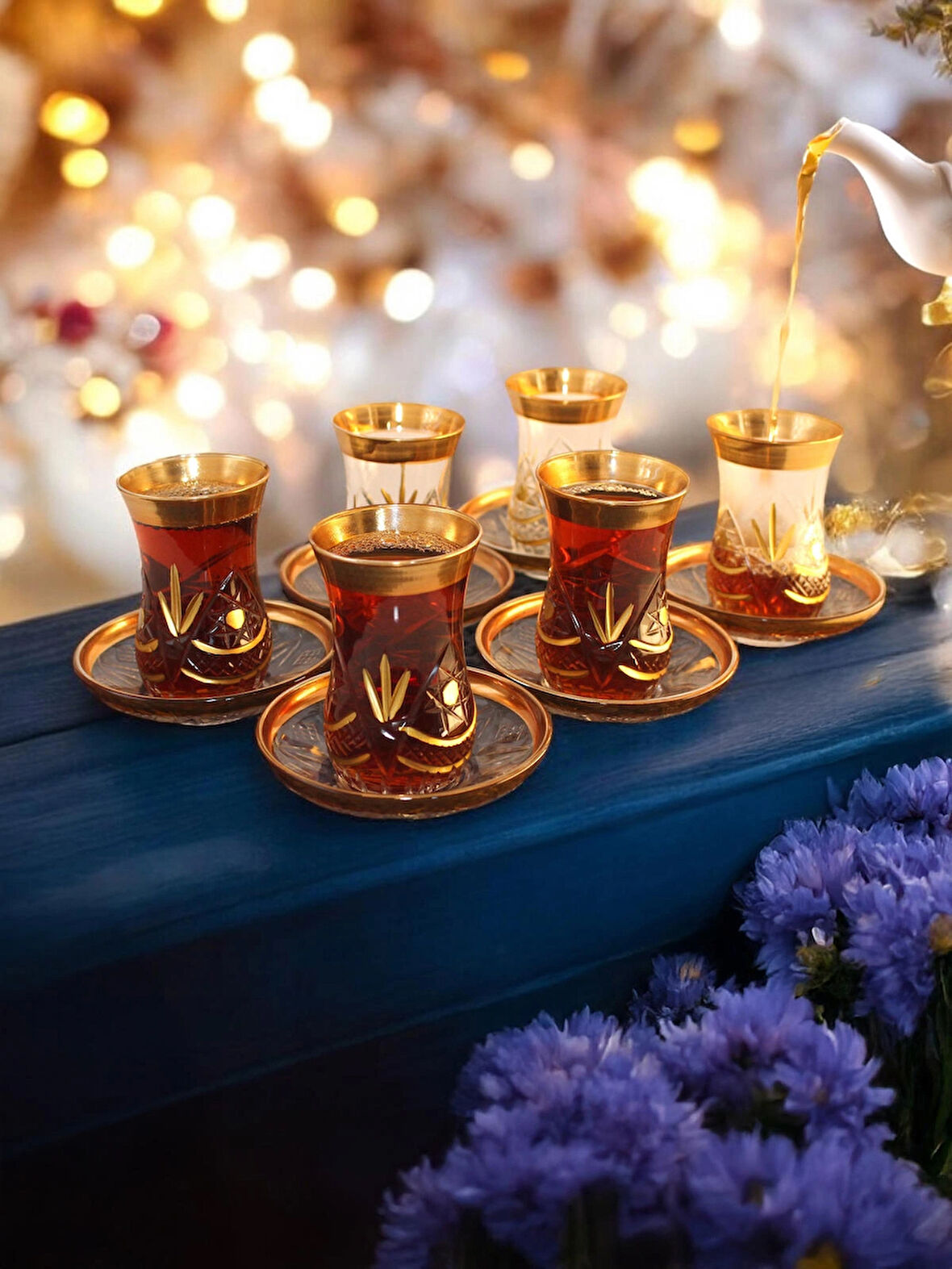 Çay Bardağı Seti Lüks 6 Kişilik 12 Parça Altın Yaldızlı Kesme