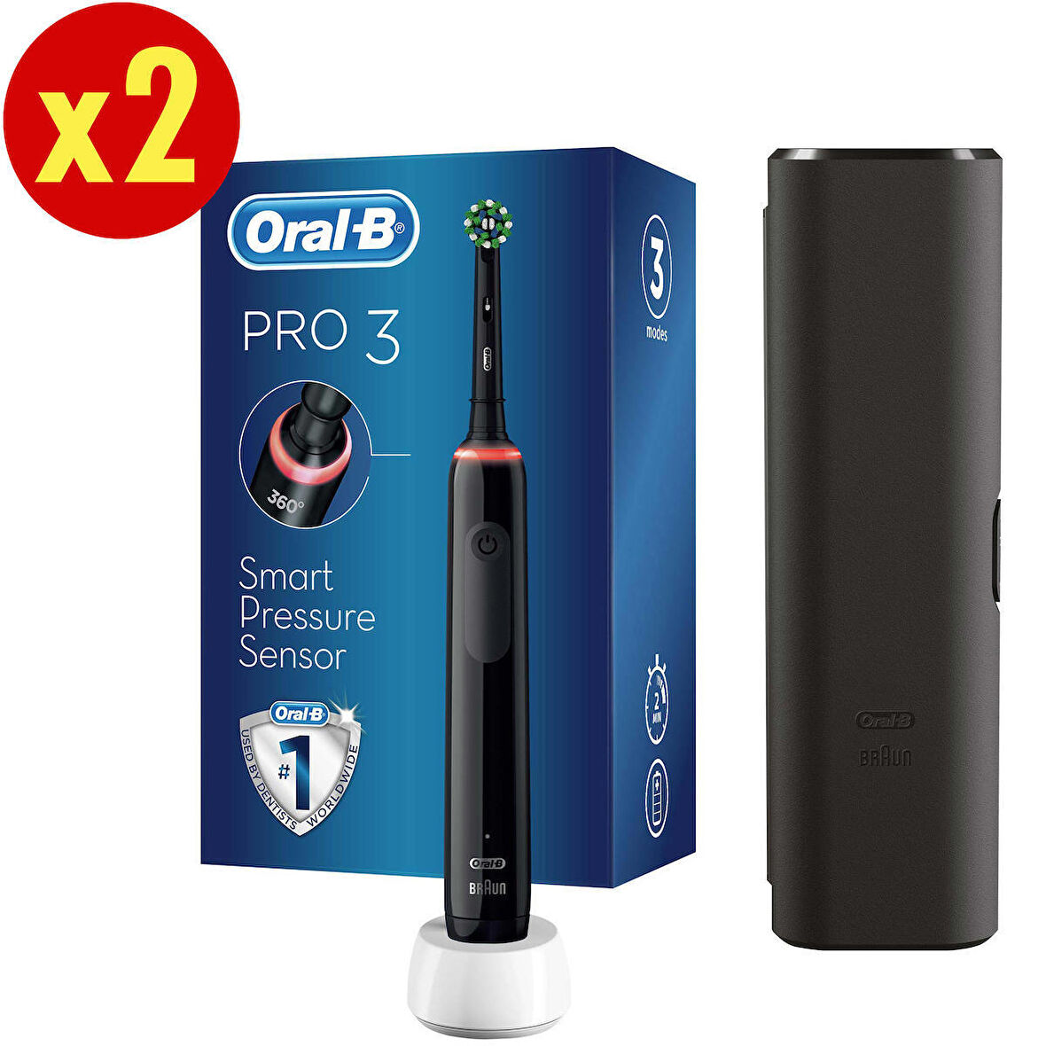 Oral-B Pro 3500 Şarj Edilebilir Diş Fırçası Siyah+Başlık x2
