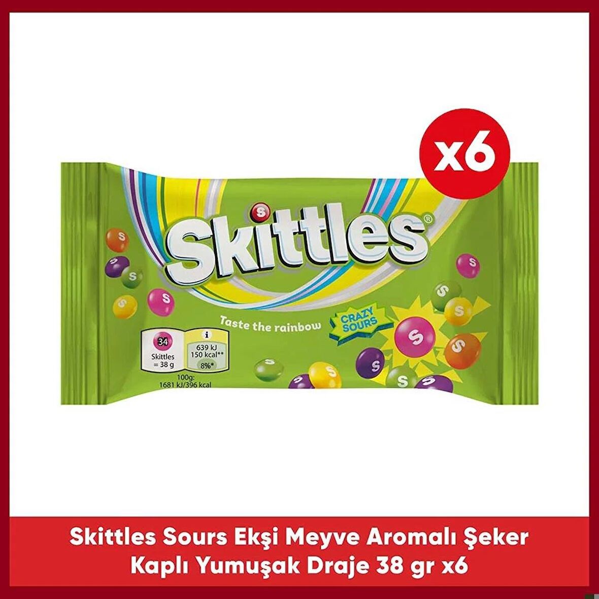 Skittles Sours Ekşi Meyve Aromalı Draje Şekerleme 38 G 6X