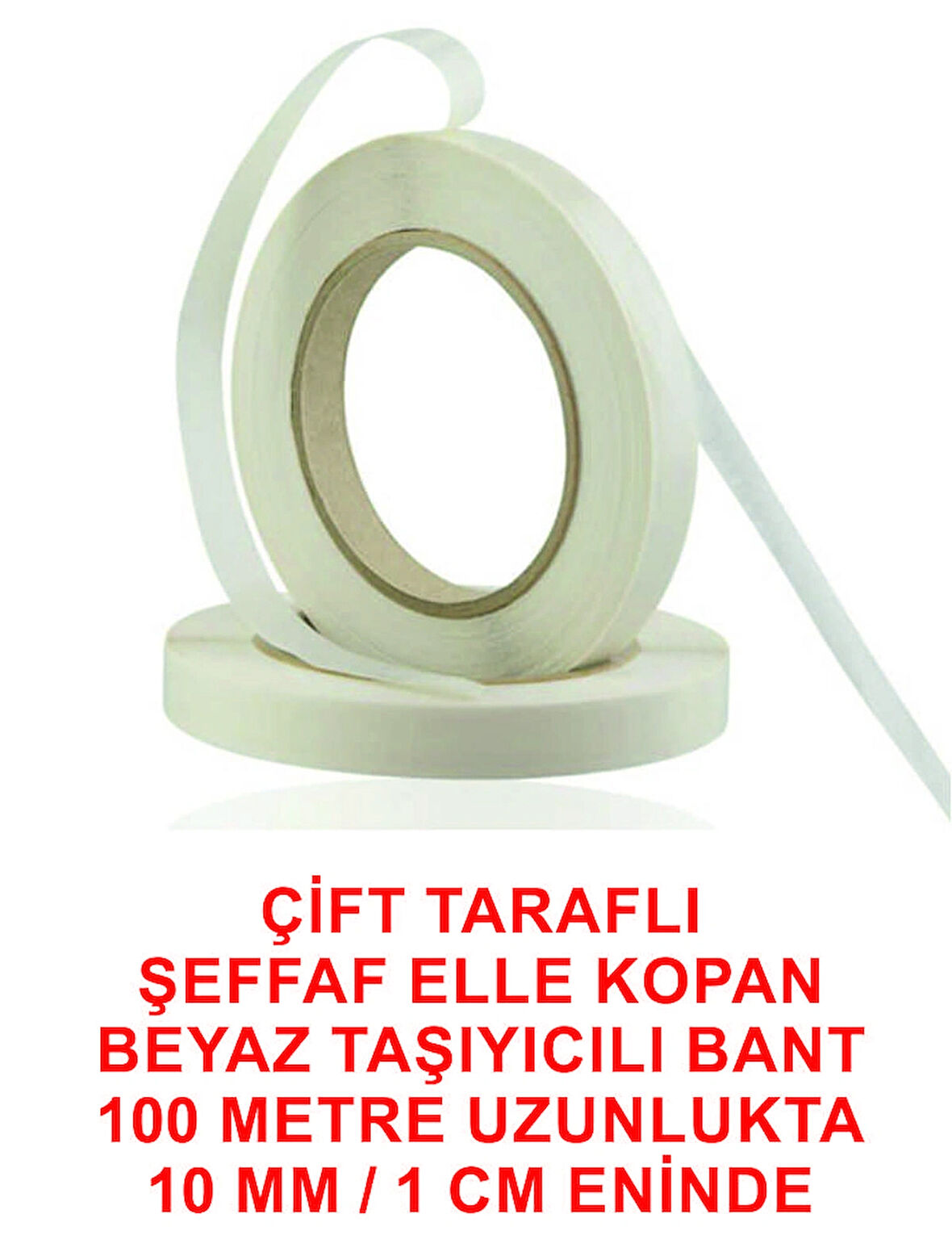 Çift Taraflı Şeffaf Beyaz Bant 100 m uzunlukta (10 mm-1 cm) enindedir