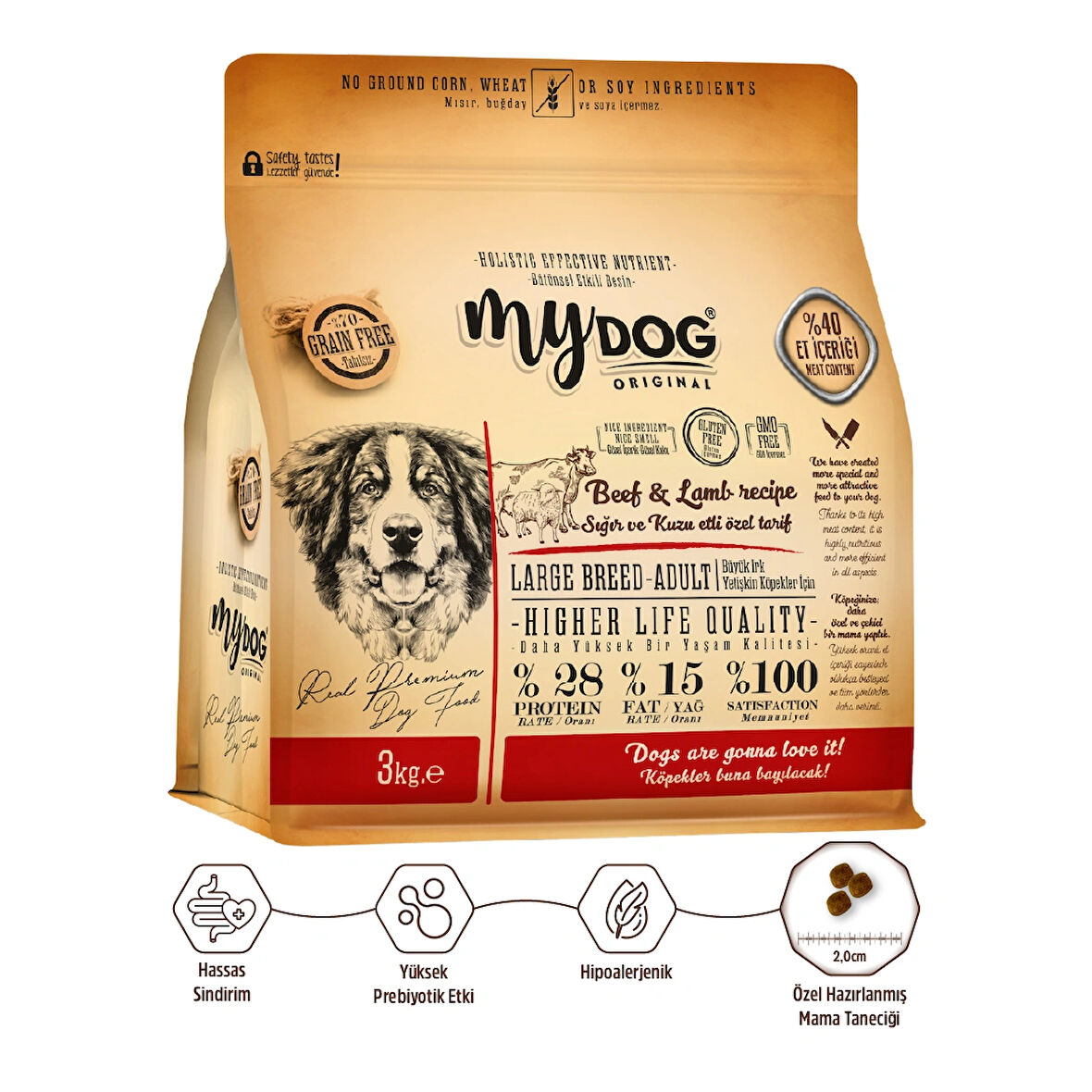 MyDog Original Az Tahıllı Sığır ve Kuzu Etli Büyük Irk Yetişkin Köpek Maması 3kg