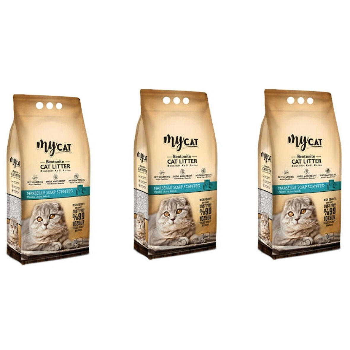 MYCAT (10 LT) TOPAKLANAN BENTONİT KEDİ KUMU MARSİLYA SABUN KOKULU (İNCE TANE)   (3 Adet)