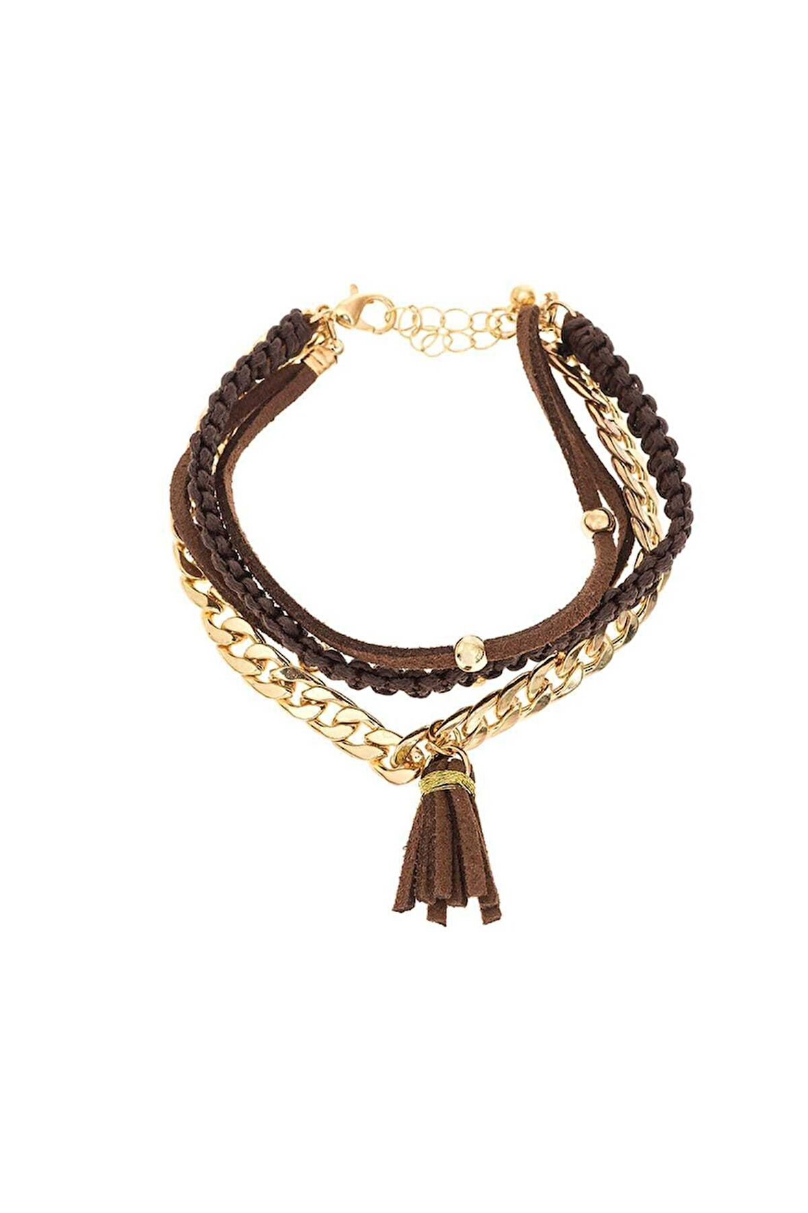 Kadın Püsküllü Altın Zincirli Süet Bileklik Kahverengi
