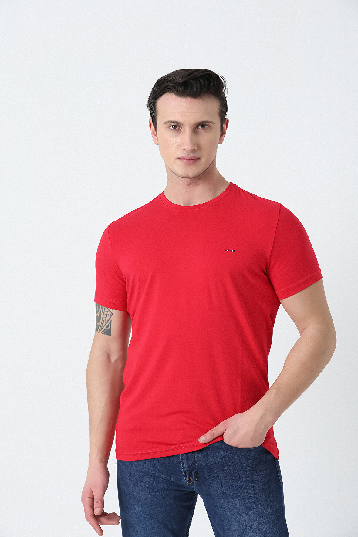 BROTHERS ERKEK BİSİKLET YAKA  LOGO NAKIŞLI BASIC LİKRA SÜPREM T-SHIRT KIRMIZI