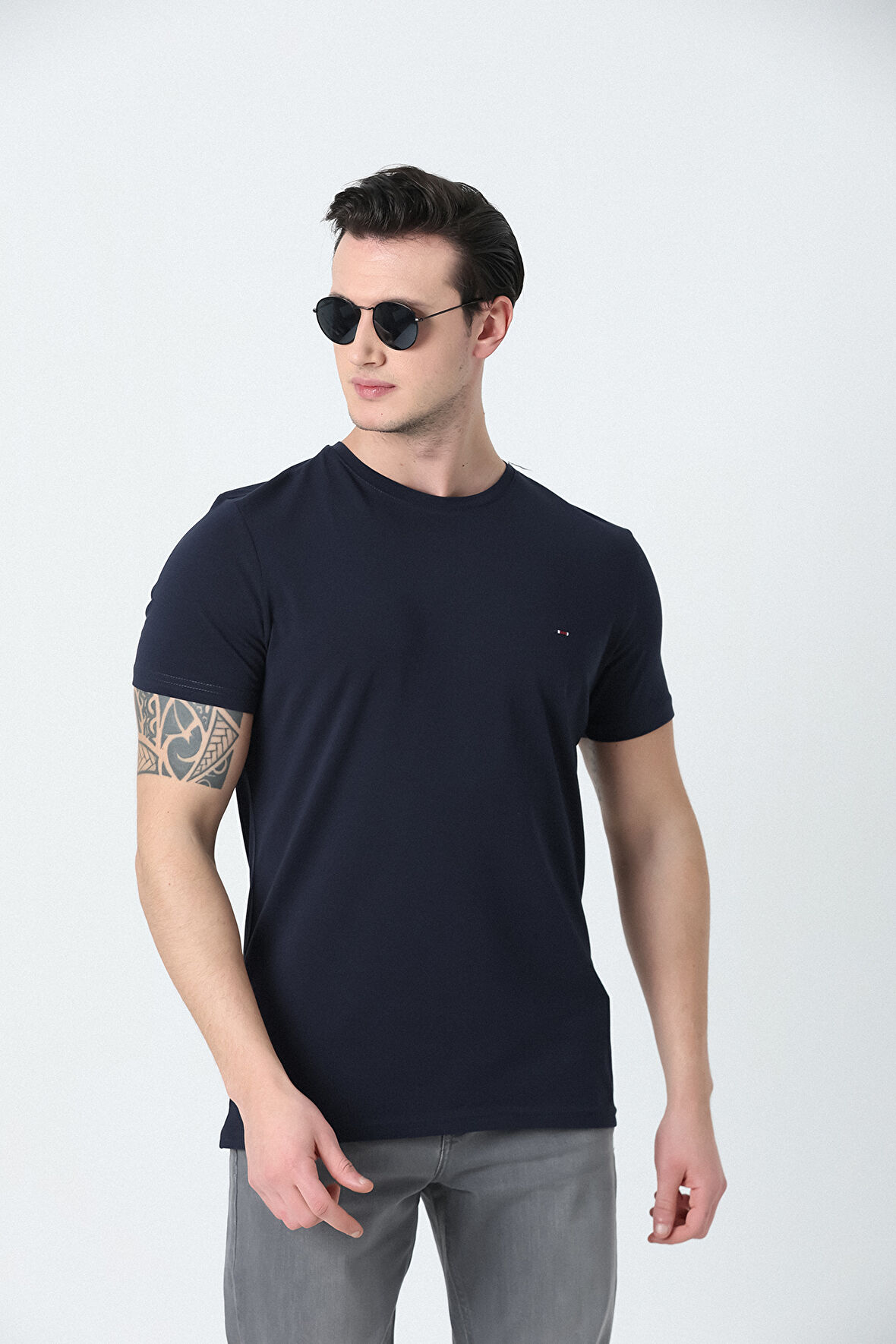 BROTHERS ERKEK BİSİKLET YAKA  LOGO NAKIŞLI BASIC LİKRA SÜPREM T-SHIRT LACİVERT