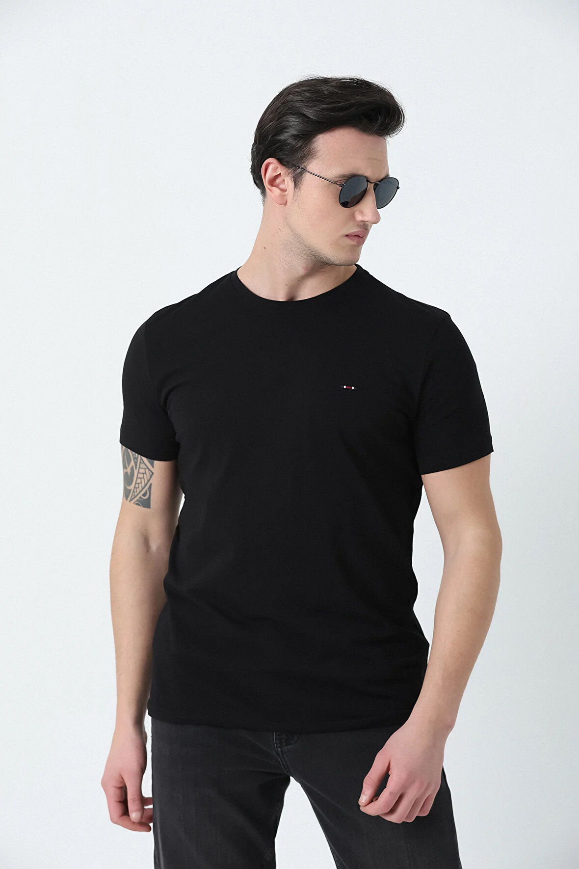 BROTHERS ERKEK BİSİKLET YAKA  LOGO NAKIŞLI BASIC LİKRA SÜPREM T-SHIRT SİYAH