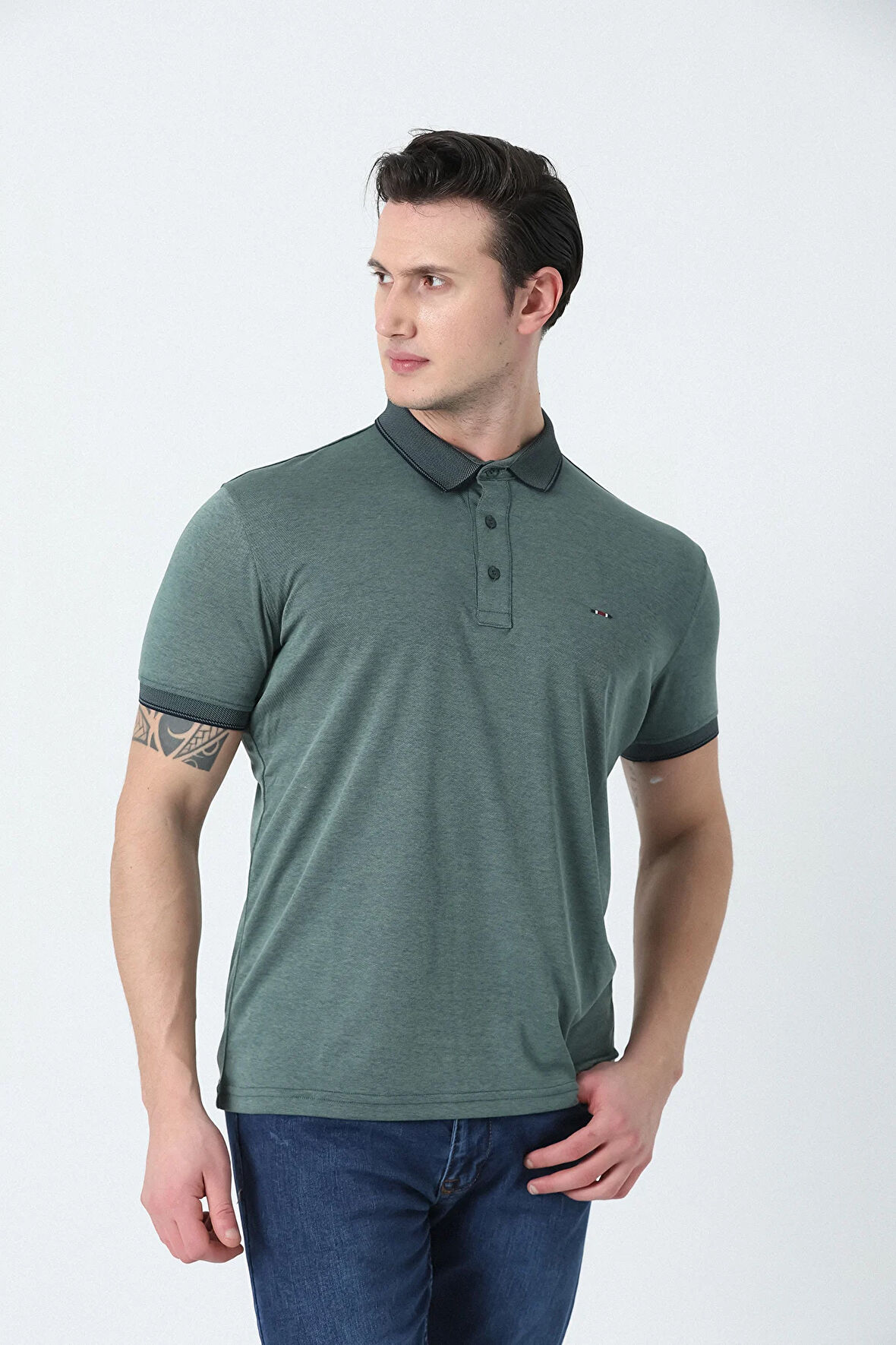 BROTHERS ERKEK POLO YAKA LOGO NAKIŞLI MERSERİZE T-SHIRT SARMAŞIK YEŞİLİ