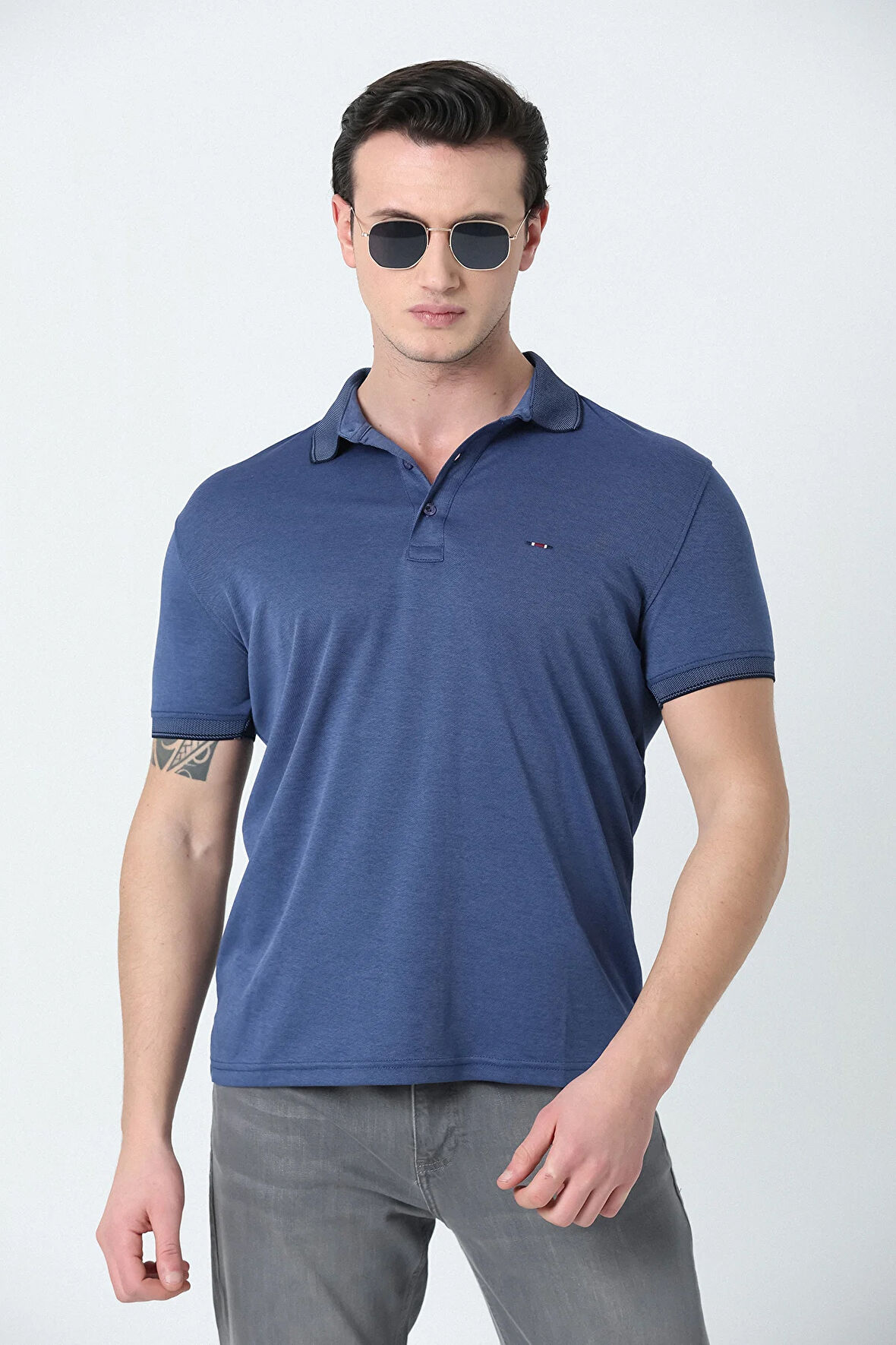 BROTHERS ERKEK POLO YAKA LOGO NAKIŞLI MERSERİZE T-SHIRT DENİZ MAVİSİ