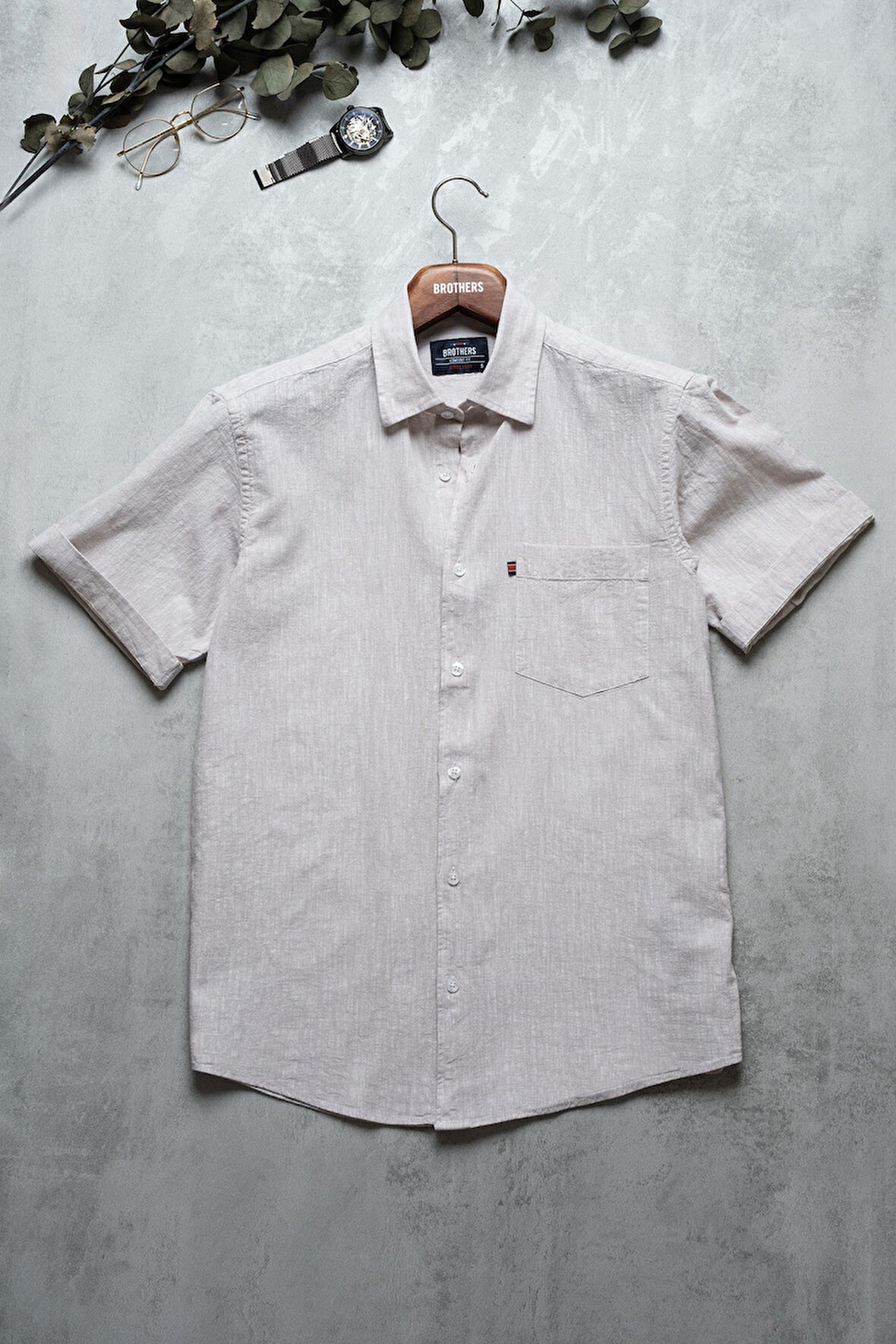 Brothers Erkek Comfort Fit Kısa Kol Tek Cepli Yıkamalı Pamuk Keten Gömlek Lunas Ss B01.251.609 - Bej